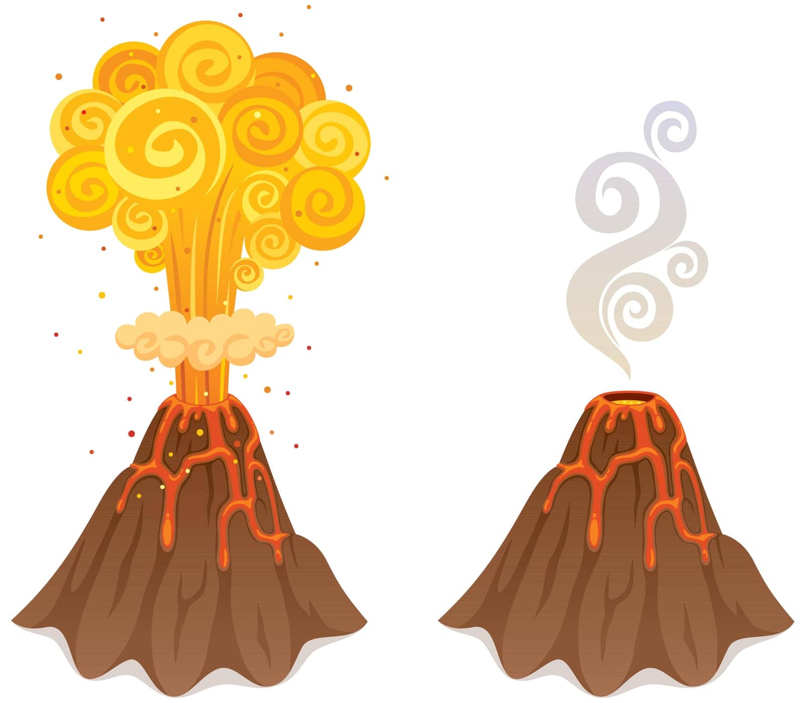 Cartoon illustration of volcano in 2 versions.
