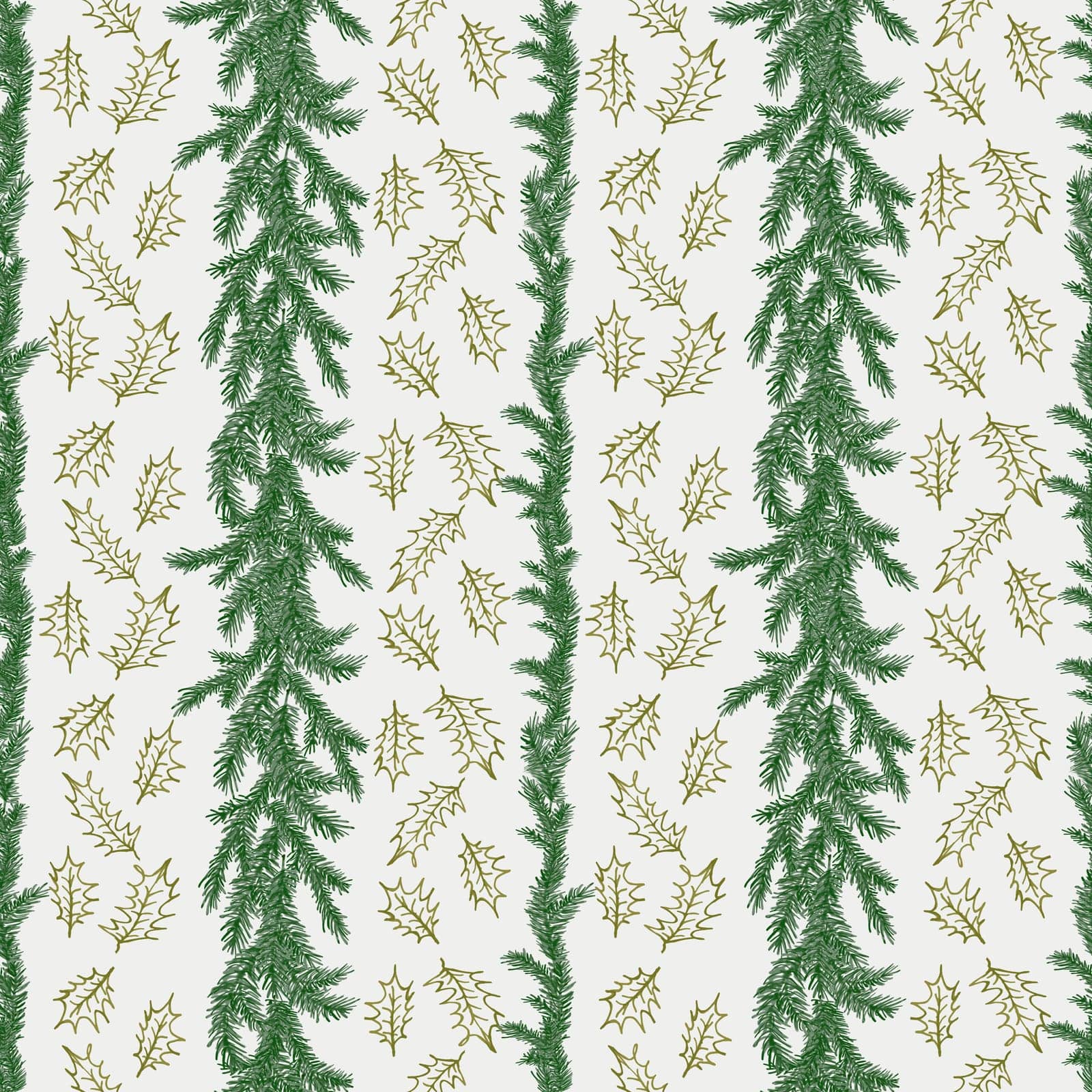 Watercolor seamless pattern with green pine branches and gold holly leaves. Sprig of pine hand drawn for wrapping paper, winter holiday decoration,green and gold. Christmas trees modern background.