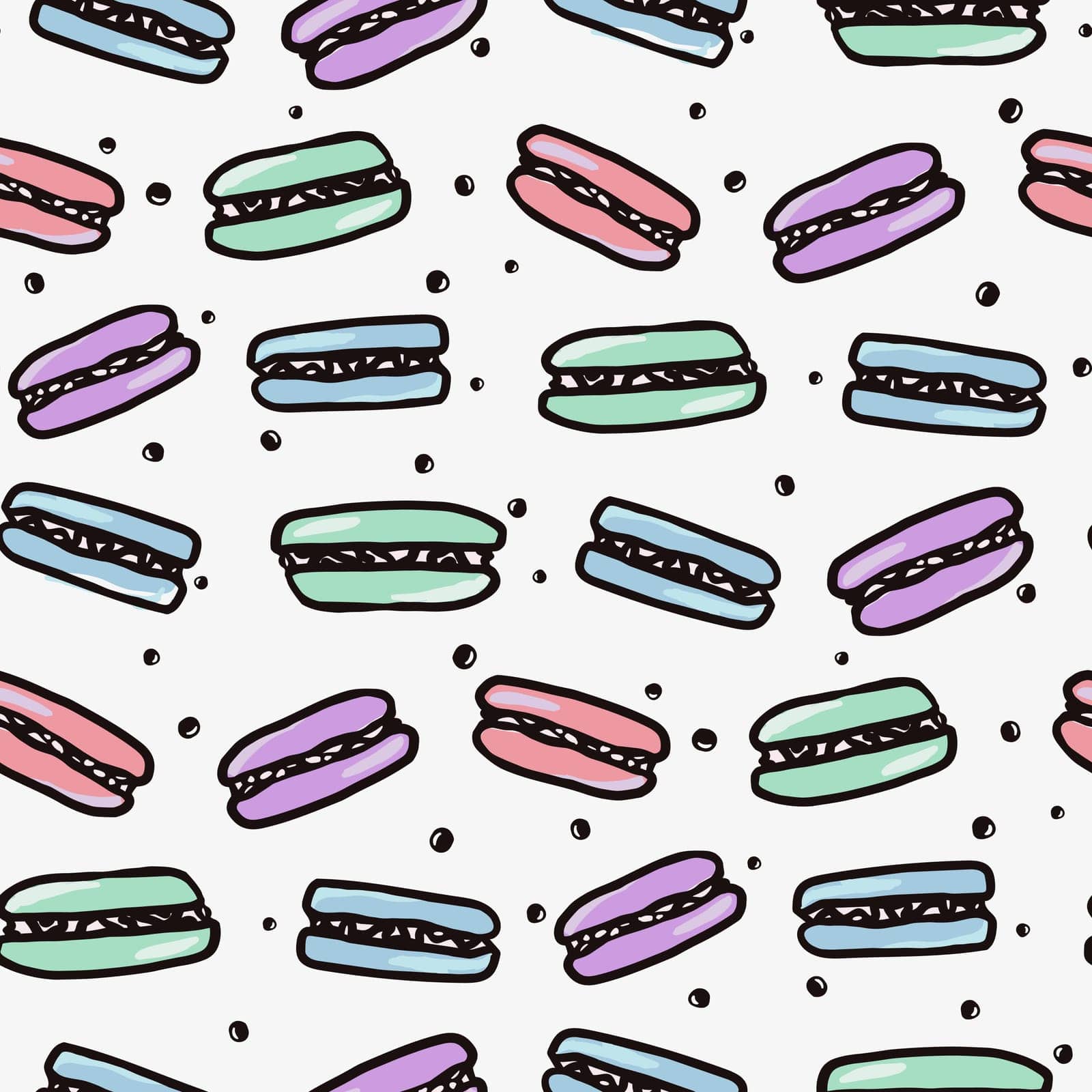 Macaroon seamless pattern with sweet food. Hand drawn colorful cake vector illustration background for surface design, textile, fabric, scrapbook or wallpaper.