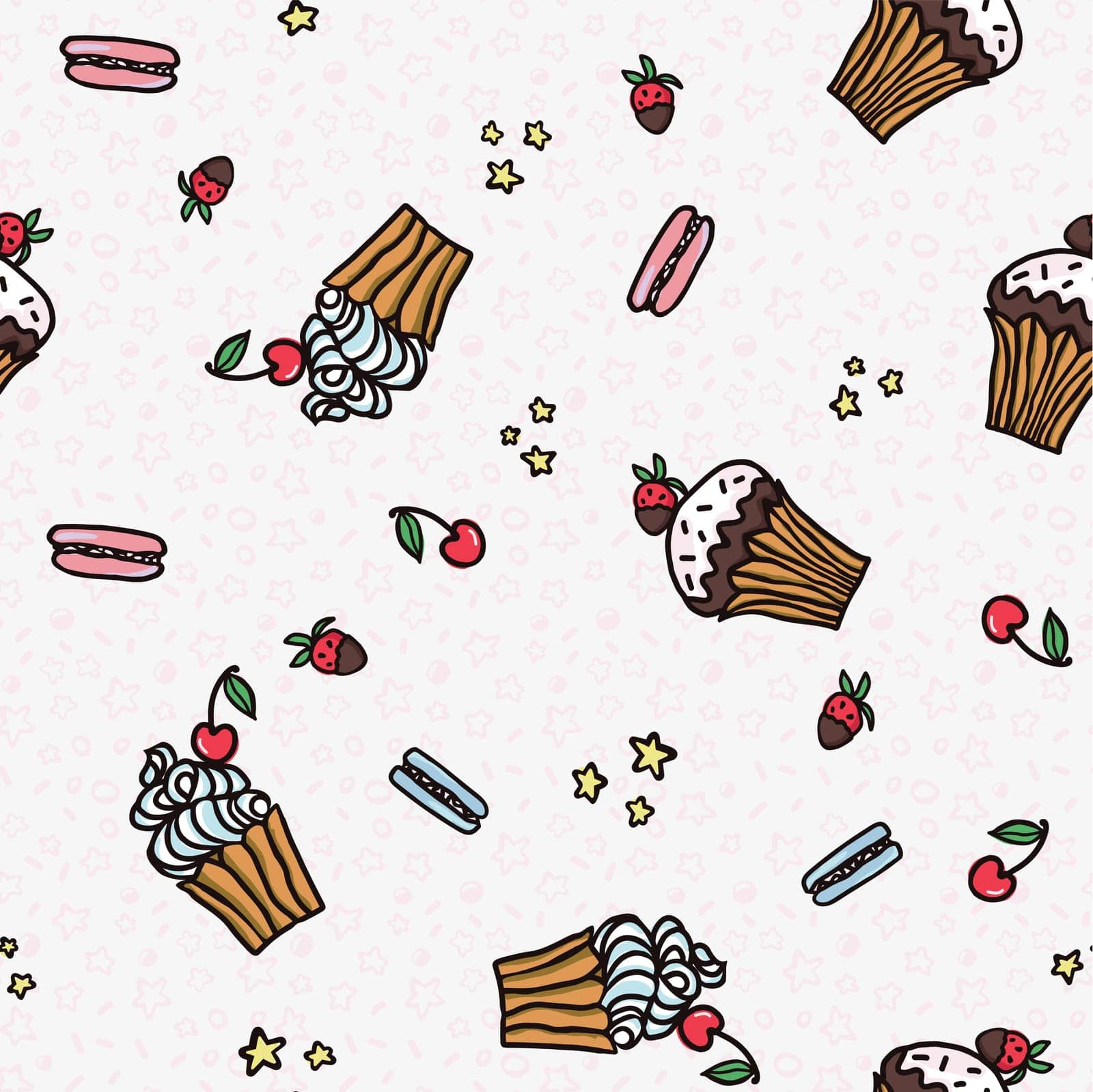 Sweet cake seamless pattern with desserts . Macaroon, muffin, pudding, cake with cherry and strawberry fruit. Hand drawn vector illustration background for textile, fabric, scrapbook or wallpaper.