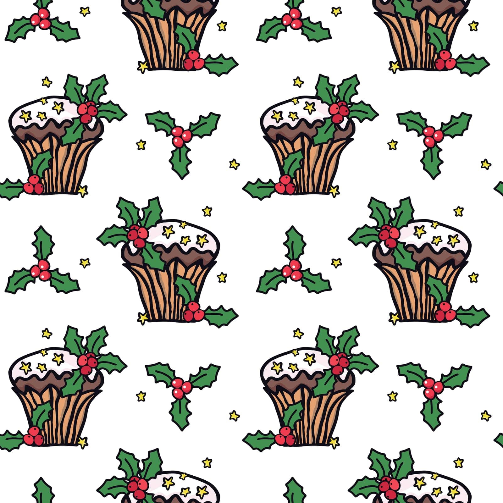 Seamless pattern for Christmas with hand drawn botanical greenery plants and sweet cake. Endless texture for gift wrap, wallpaper, web banner, wrapping paper and fabric. Vector holiday background.