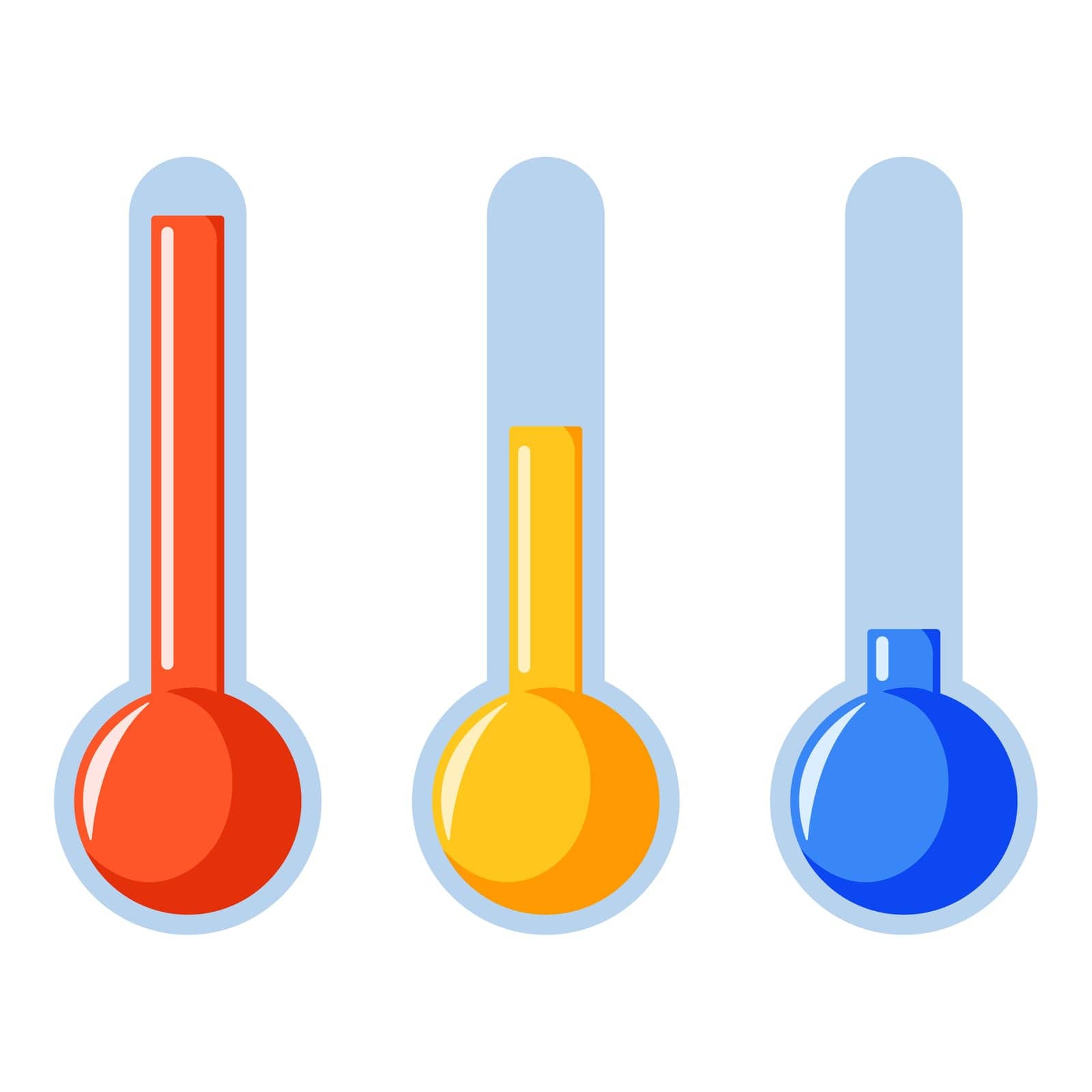 Thermometers icons in cartoon style. Measure hot and cold temperature, forecast, climate and meteorology. Vector illustration isolated on white background.