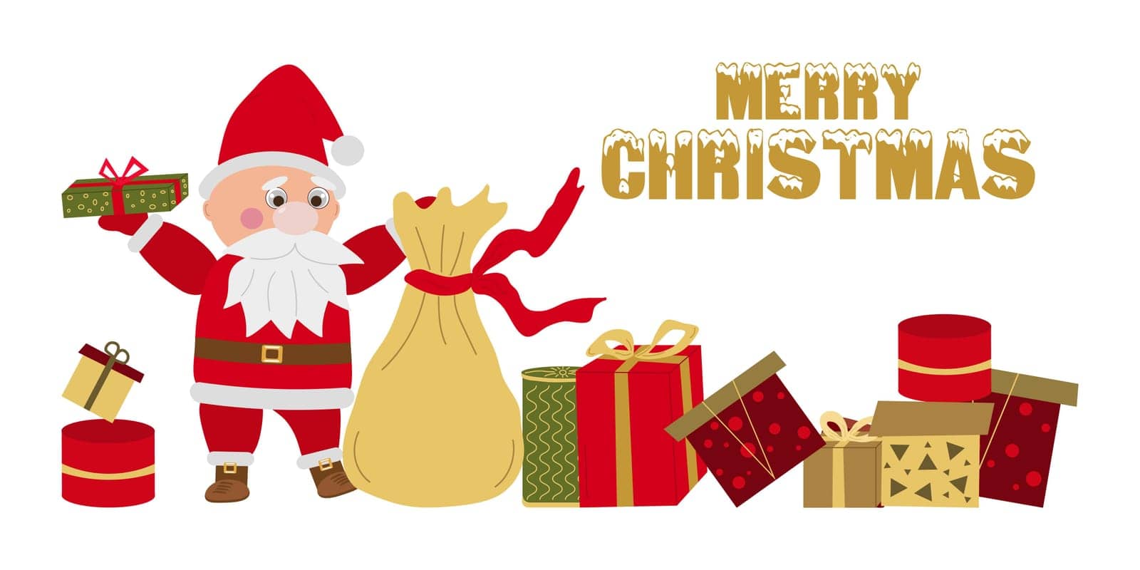 Santa Claus template a festive banner, flyer. Santa Claus with gift boxes. Vector illustration.