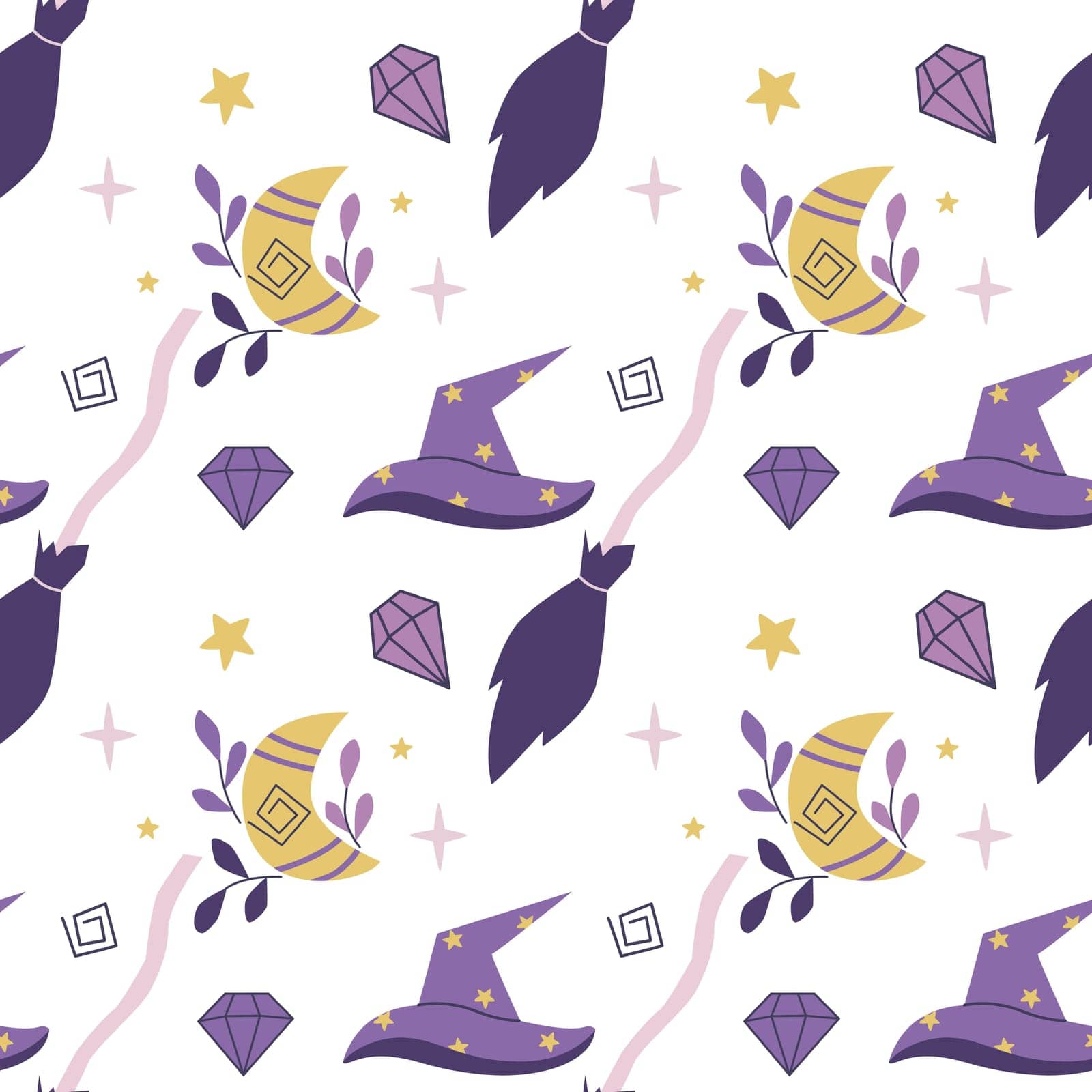 Witch hat and broom magic seamless pattern. Symbols of witchcraft and wizardry background. Hand drawn moon, crystals, magic hat and stars, print for textile, paper, packaging and design, vector illustration