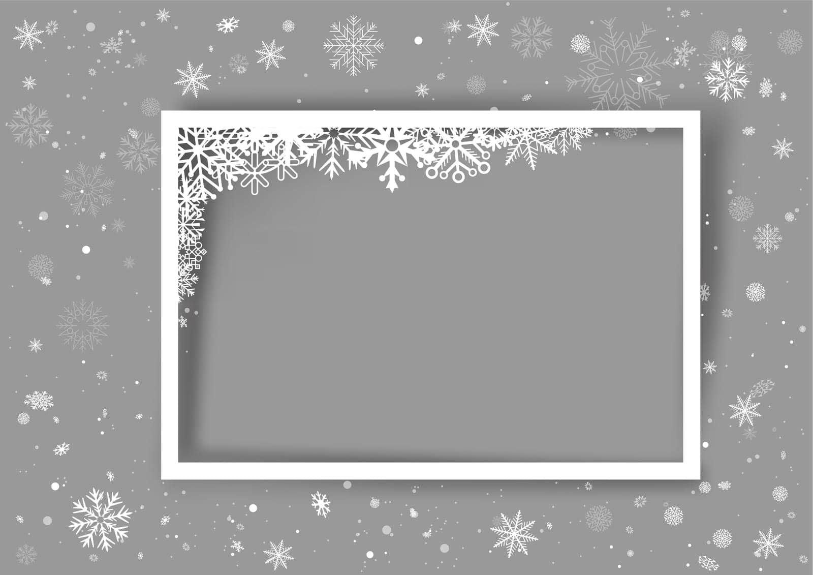 Christmas photo frame snow corner template with shadow and snowfall on gray background. Winter Holiday photography ice snowflake ornament mockup