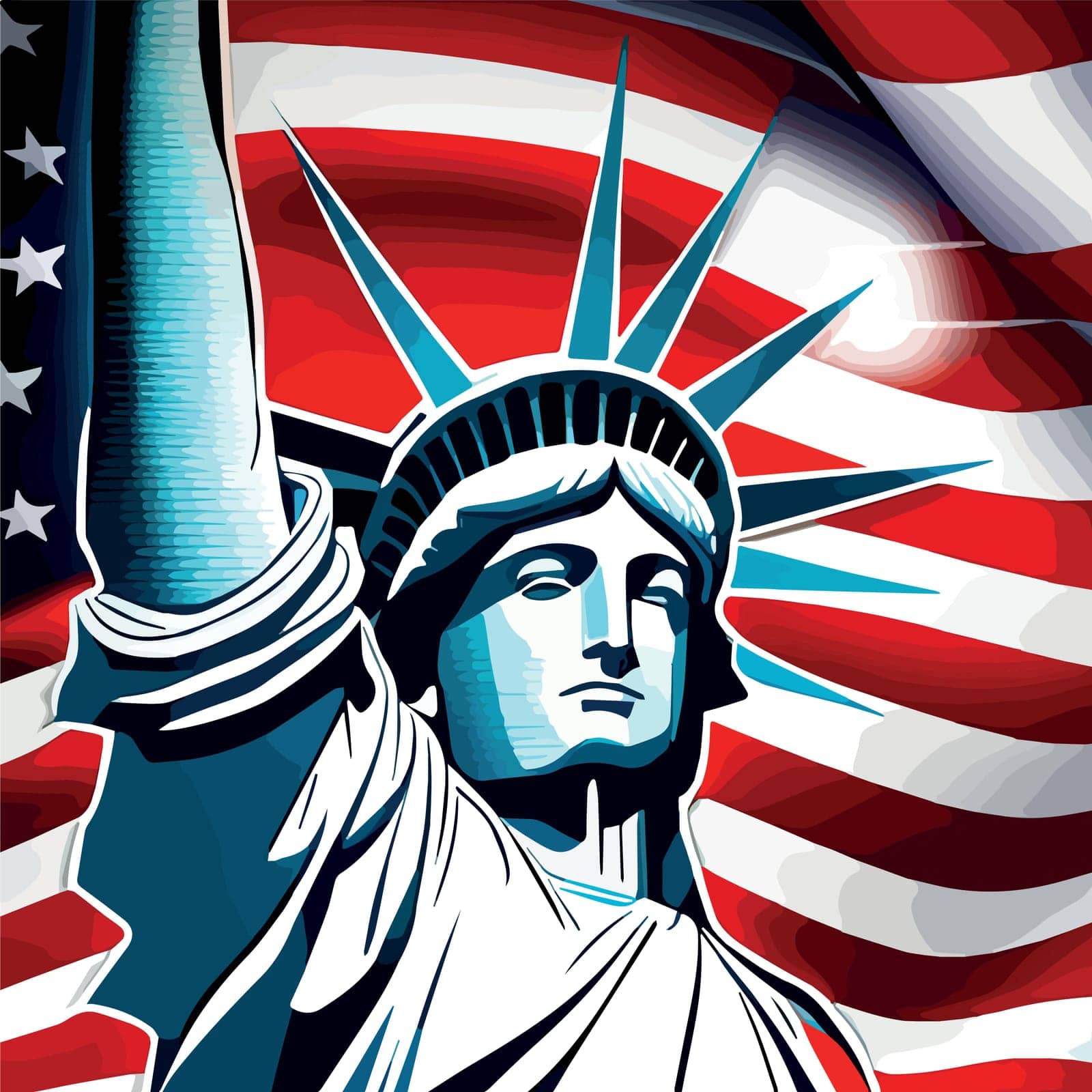 U. S. Greeting card flag and statue of Liberty. 4th of July. Independence day of the United States. Vector illustration