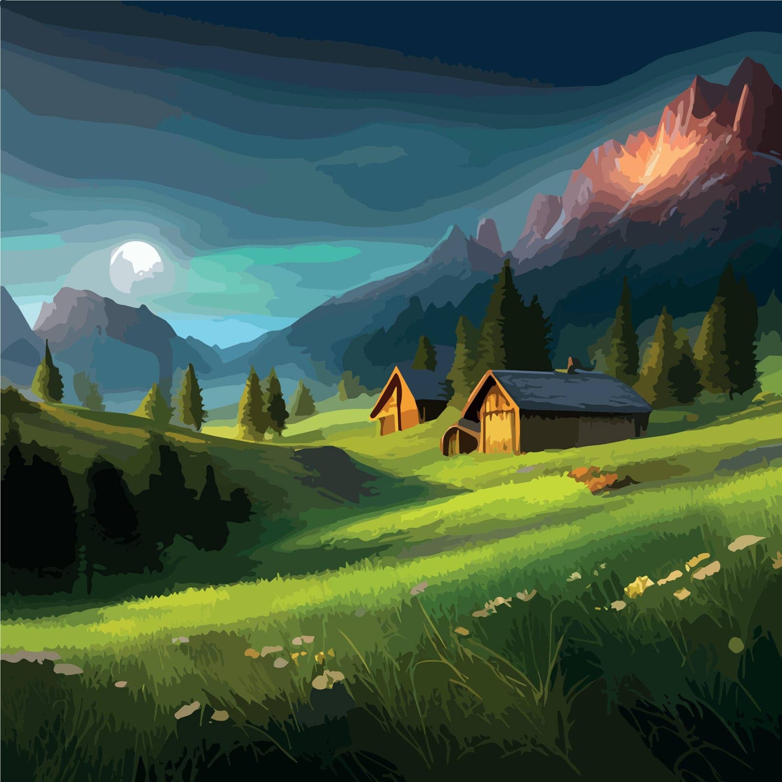 view wood log touristic cabin with mountain in background. rustic landscape vector illustration. by EkaterinaPereslavtseva