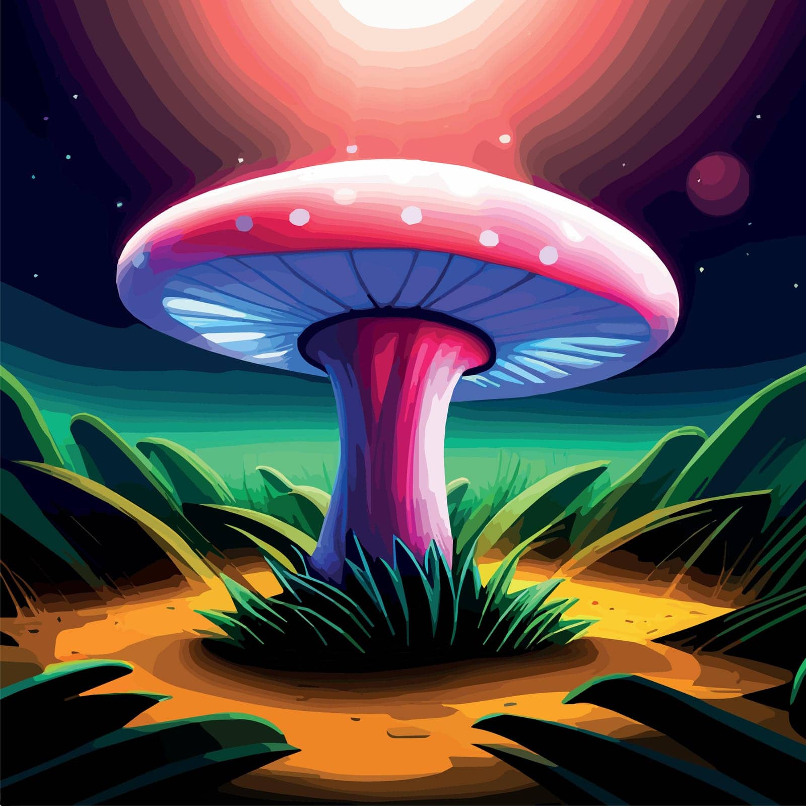 Fantasy enchanted fairy tale forest with magical Mushroom. Beautiful macro of magic mushroom, fungus. magic light. vector illustration