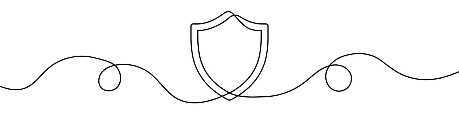 Continuous line drawing of shield. One line drawing background. Vector illustration. One line shield icon.