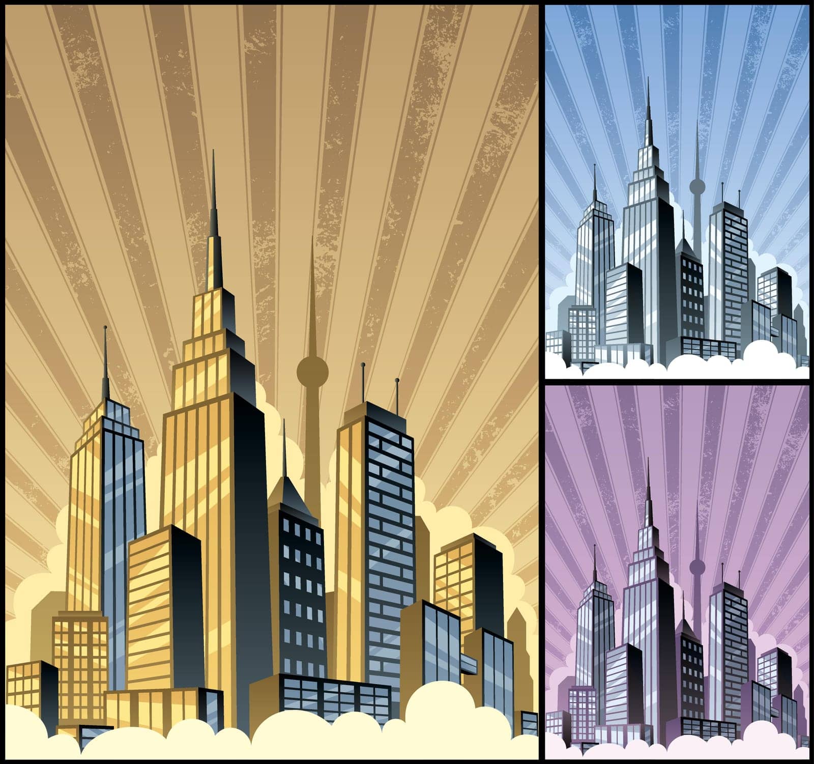 Cartoon city in 3 color variations. 