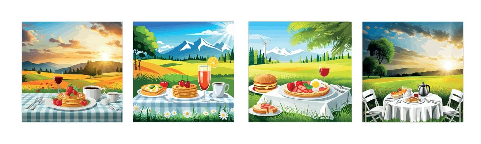 Banner set rustic picnic on nature table with white cloth cutlery mug with plates with strawberry cake on a sunny day with a beautiful view, abundance vector illustration