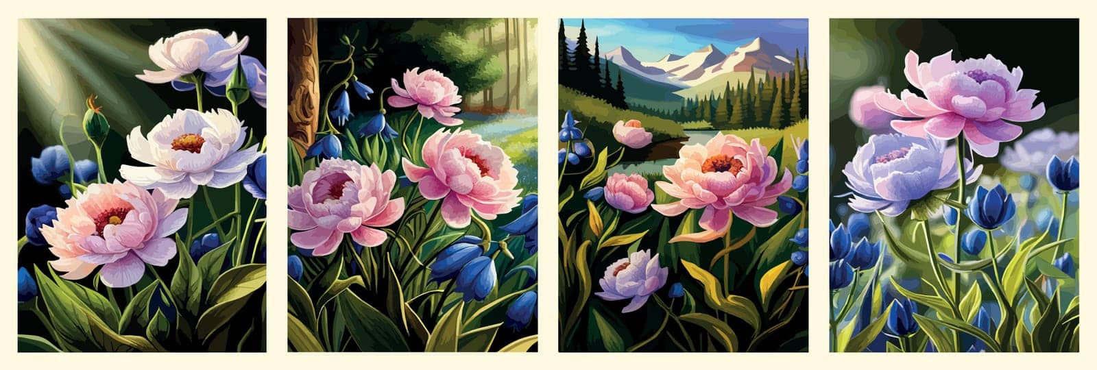 Banner set Beautiful Pink Peony Flower in grass patch at edge forest on bright sunny day. Vector illustration