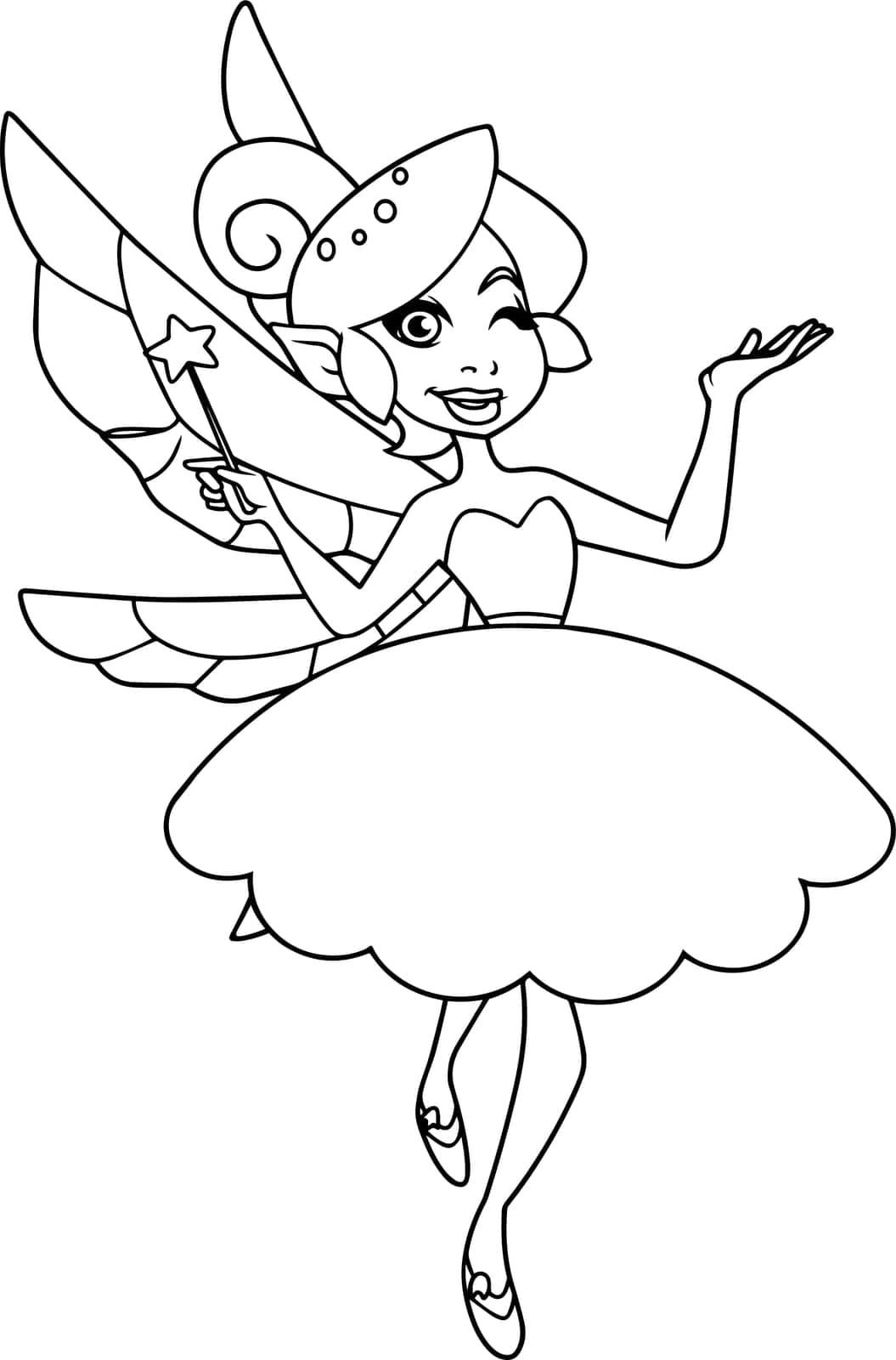 Line art illustration of happy cartoon fairy, flying on white background.