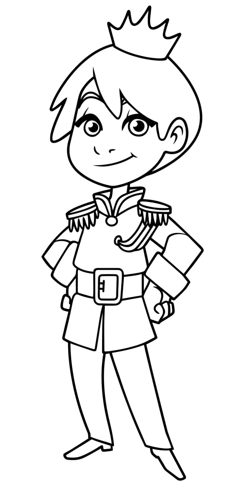 Line art illustration of happy little prince smiling on white background.