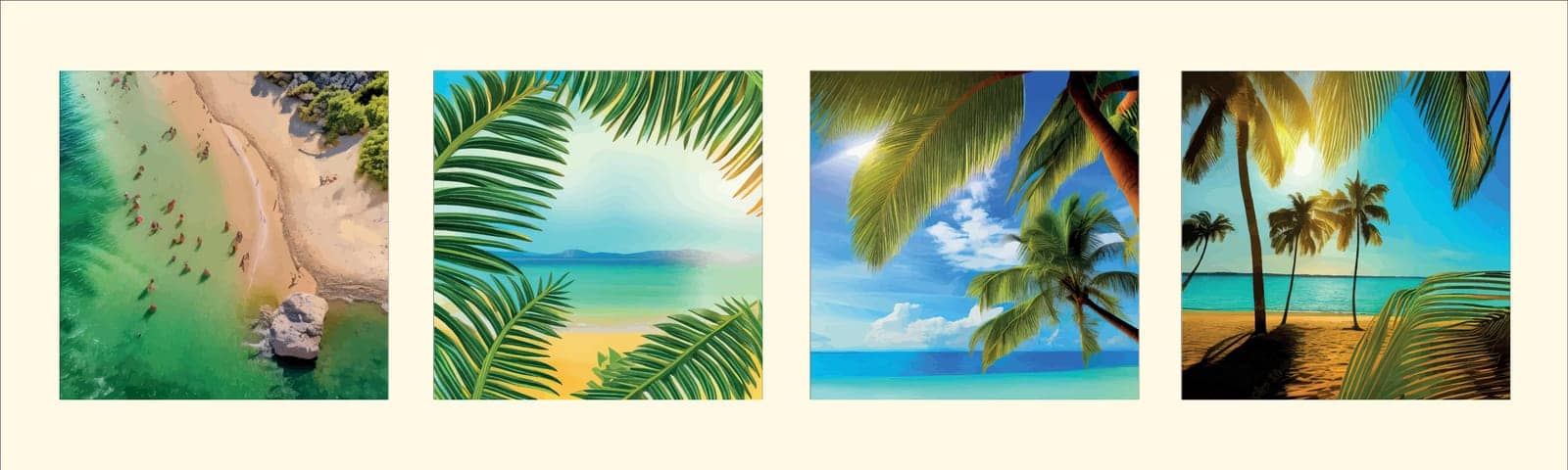 Seaside landscape. Nobody under the green palm trees on the coast. Time to travel. Tropical beach. Summer holidays. Golden sand and blue sea with sky, vector illustration
