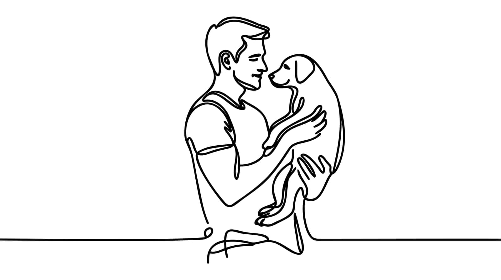 Man holds a dog in his hands or walks with him - one line art vector. concept dog owner, dog grooming.