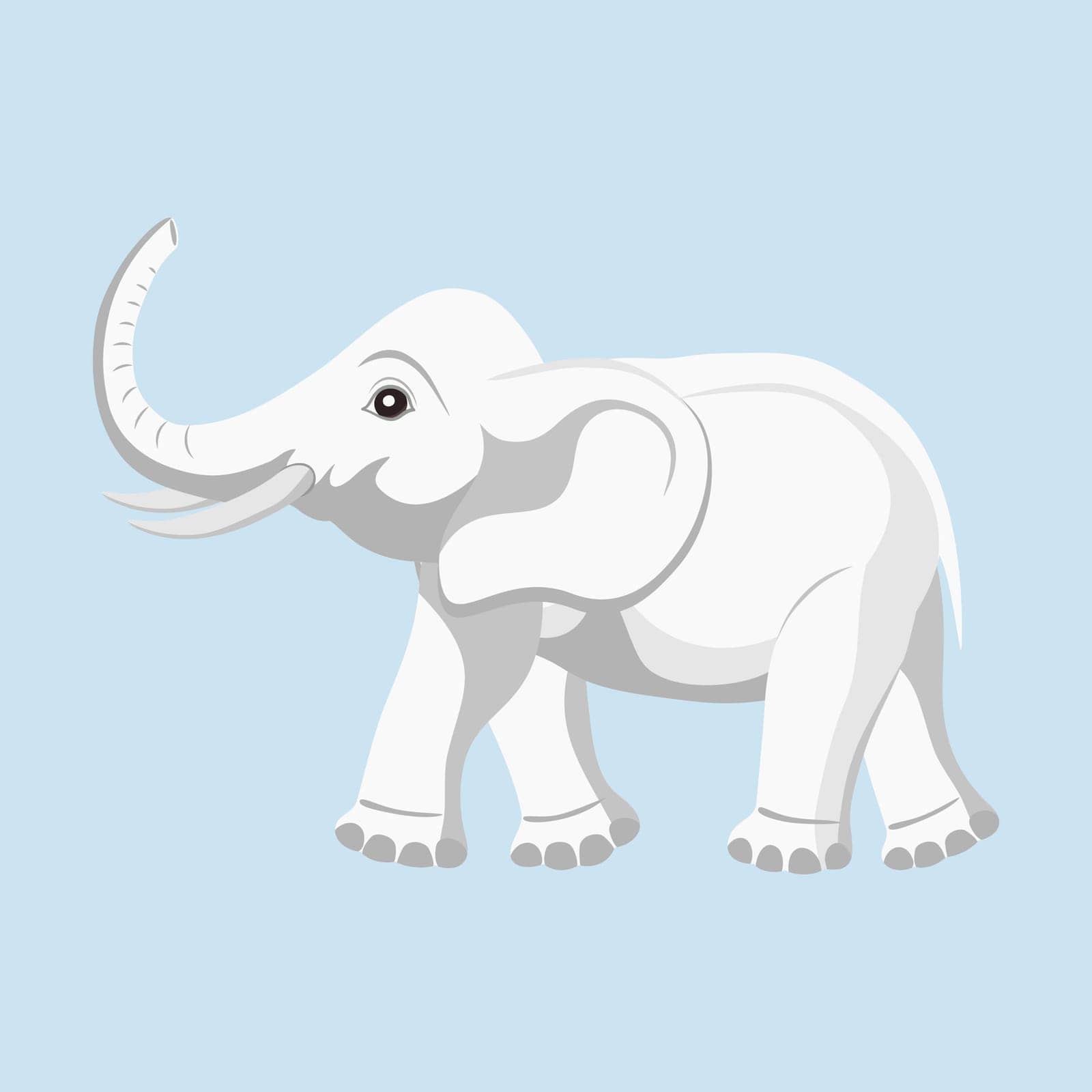 Large white African elephant with its trunk raised up. Large land mammal. The largest land animal. A herbivorous mammal with a trunk, tusks and large ears. Vector illustration.