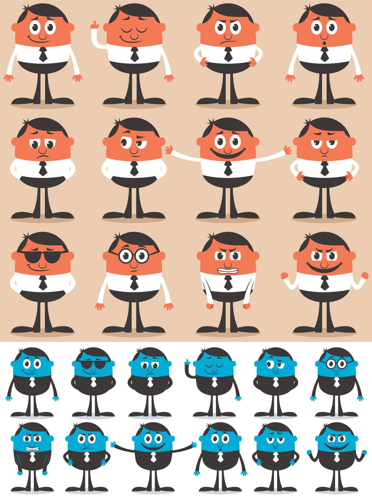 Retro businessman character in 12 different emotions, each in 2 versions. 