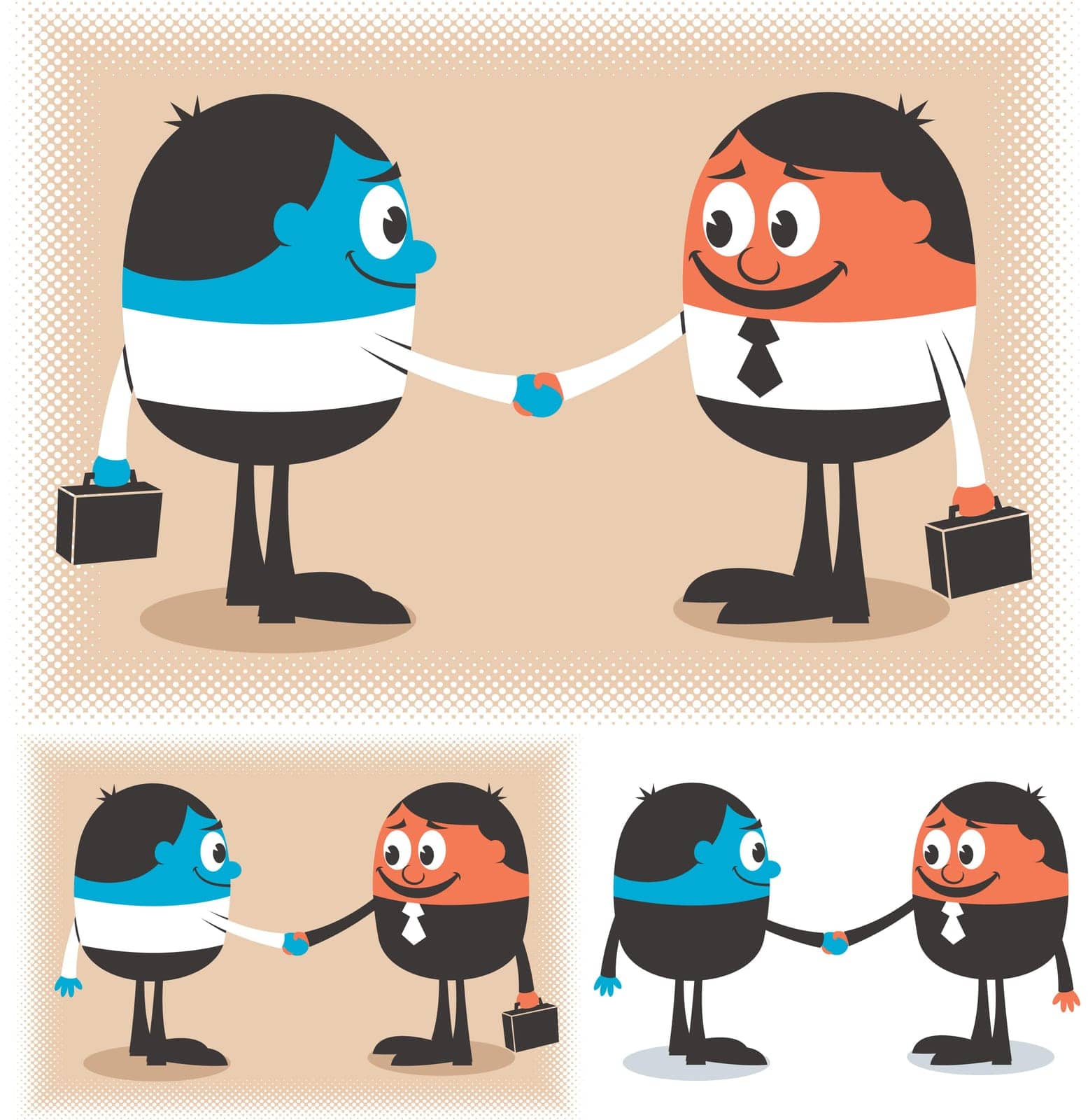 Two cartoon characters handshaking. Below are 2 additional versions of the illustration. 