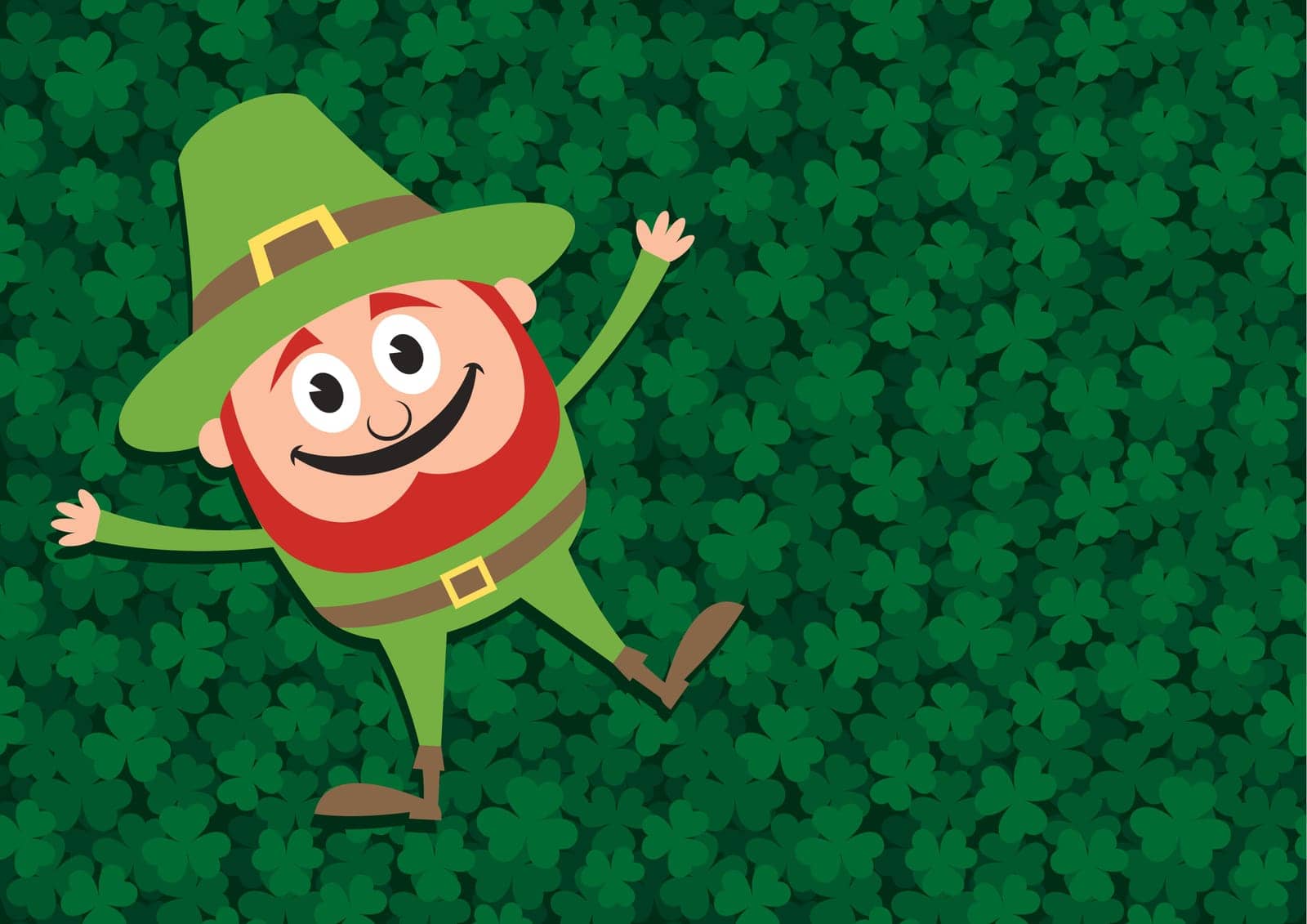 Illustration of happy leprechaun lying down on clover meadow. The meadow itself is seamless pattern.
