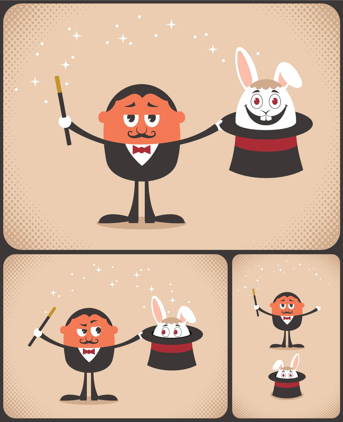 Magician pulls rabbit out of hat. The illustration is in 3 versions. 