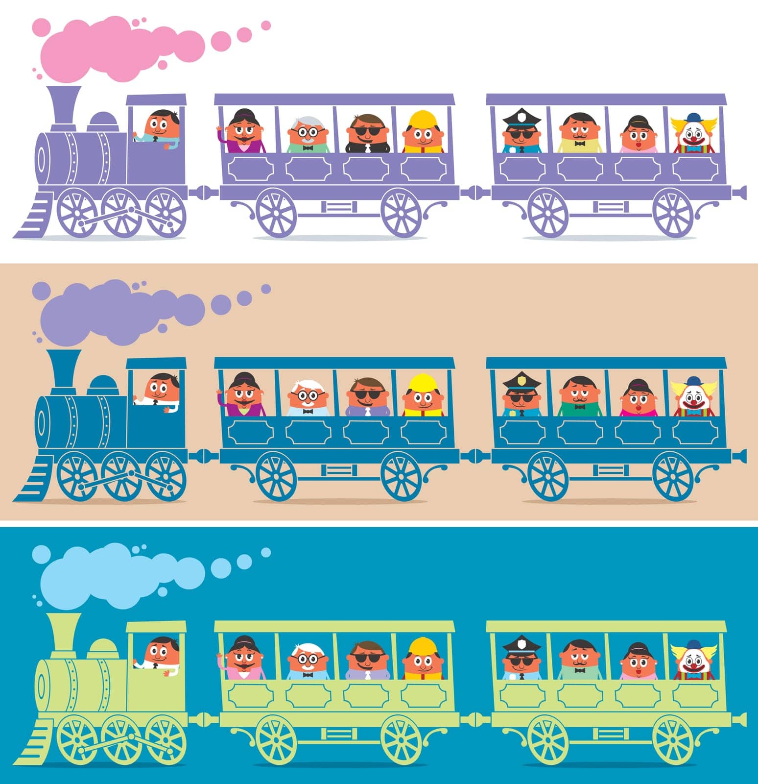 Steam train full of cartoon characters. It is in 3 color versions. 