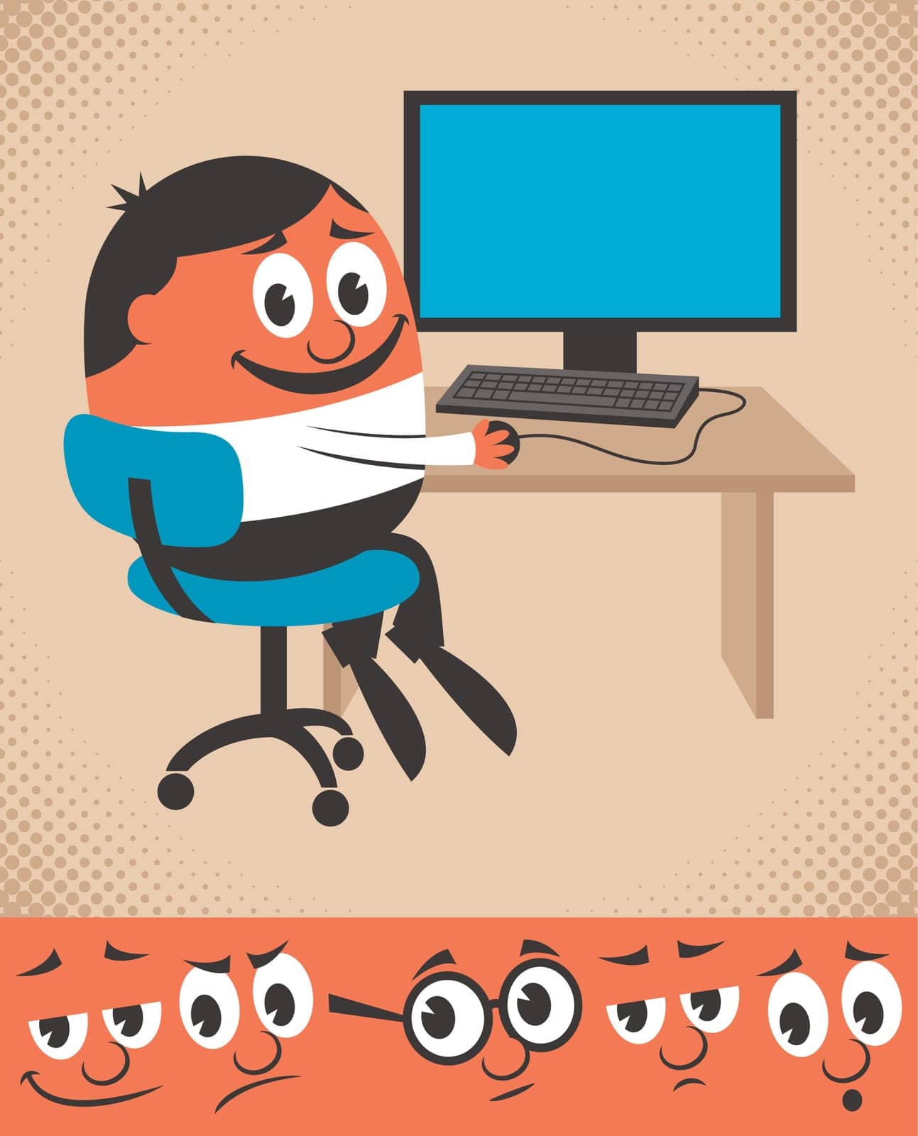 Cartoon character working on desktop computer. You can change his face expression, picking from the 5 additional faces below. The position of his nose is constant. Use it as guide for the next face. 