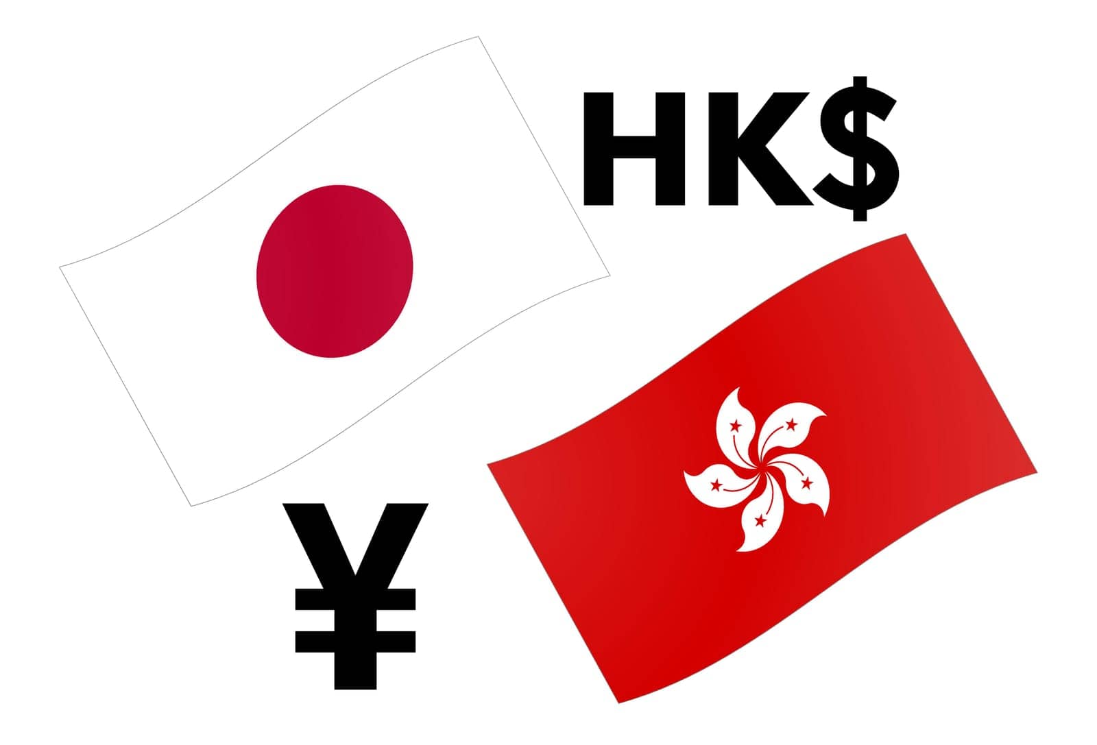 JPYHKD forex currency pair vector illustration. Japanese and Hongkong flag, with Yen and Dollar symbol.