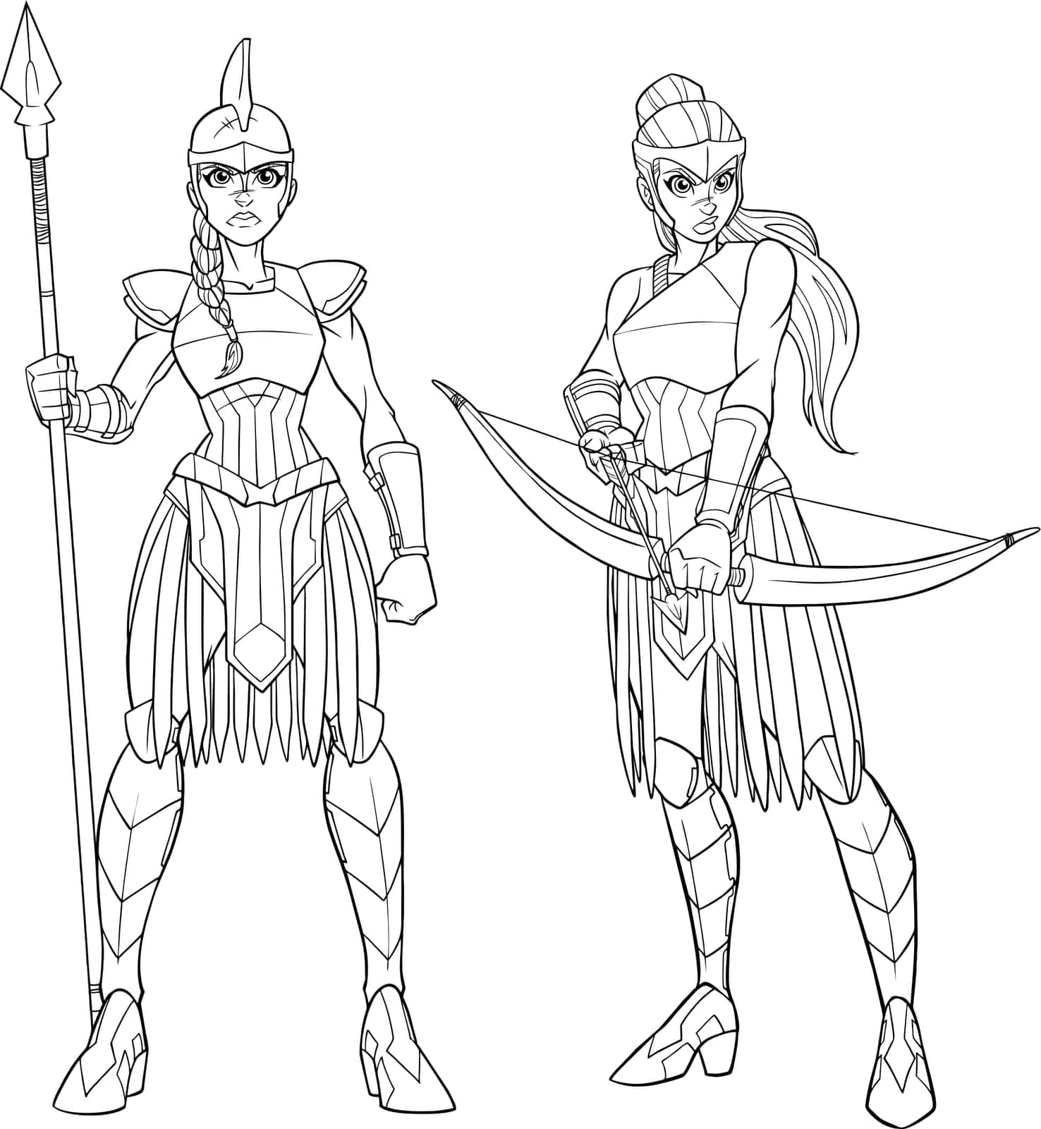 Line art illustration of 2 fierce Amazon warriors in full battle gear.