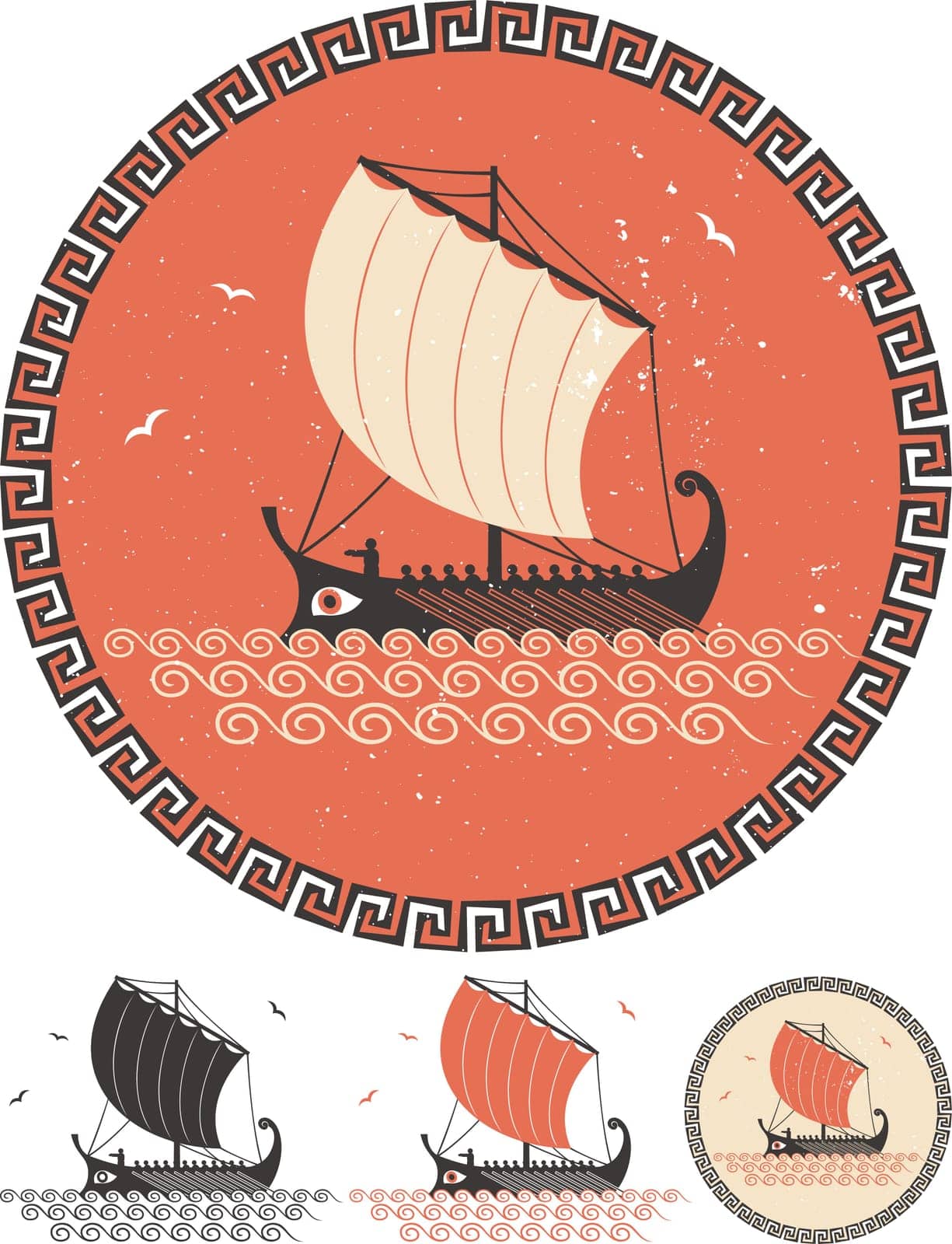 Stylized illustration of ancient Greek ship in 4 different versions.