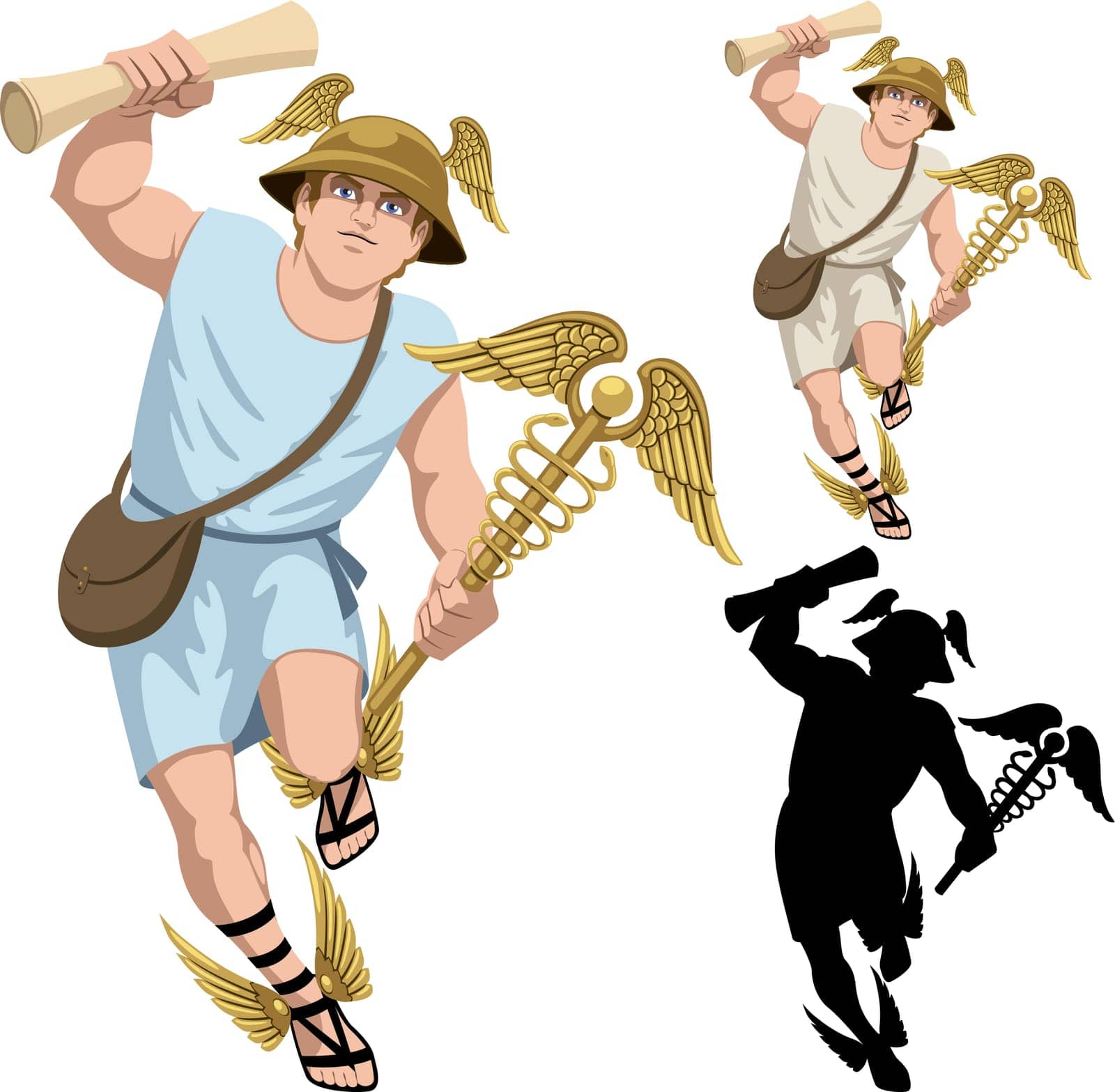 Greek god Hermes isolated on white and in 3 versions. 