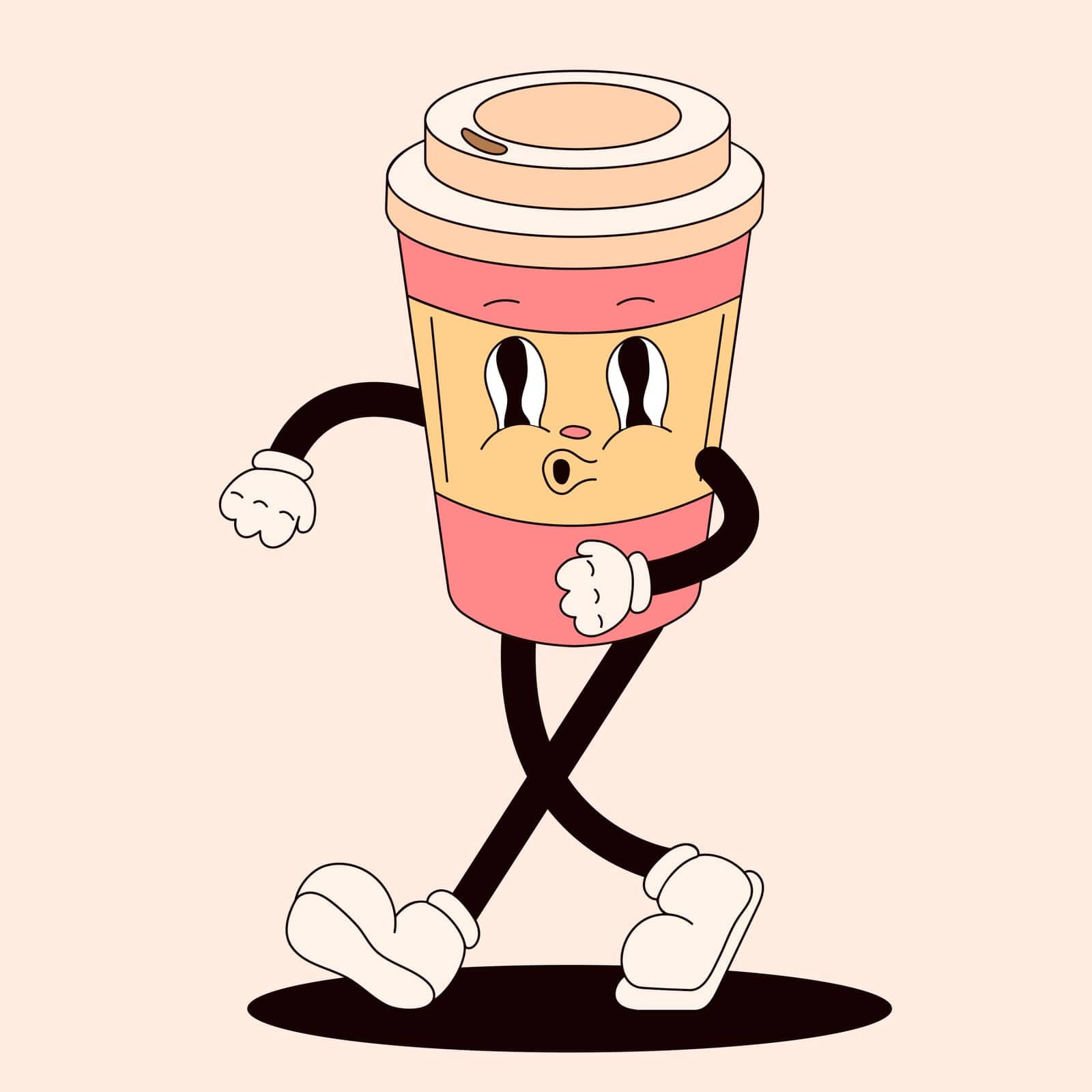 Retro groovy character in the form of a disposable cup. Walking cartoon masco. Hand drawn vector illustration isolated on a peach background. by IrynaShautsova