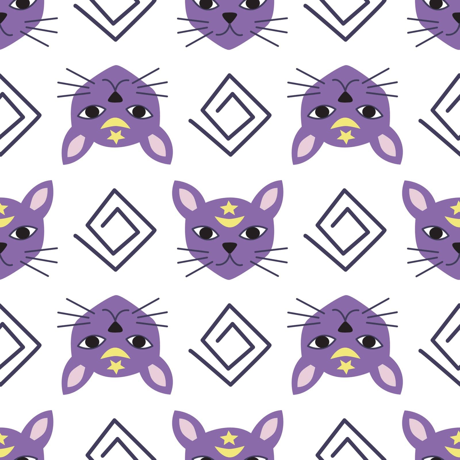 Feline seamless pattern. Cat heads with moon and stars background. Magic print with cats and squiggles for textile, paper, packaging, vector illustration