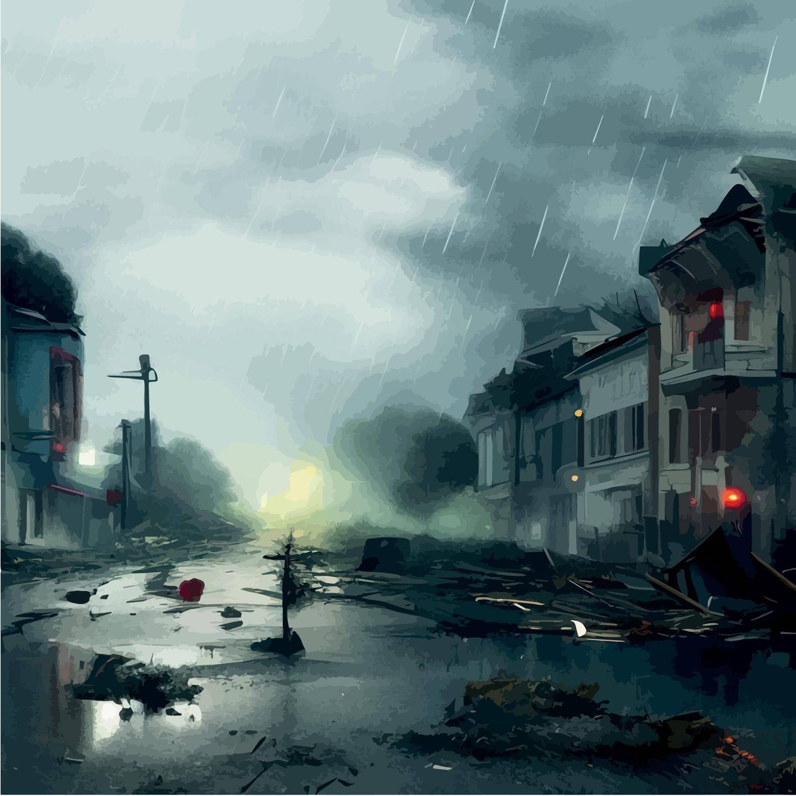 Tornado disaster. Natural disaster with hurricane. Power twisted storm concept. Houses destruction from whirlwind. Buildings damage. Cyclone zone. Dark vector illustration landscape with broken houses