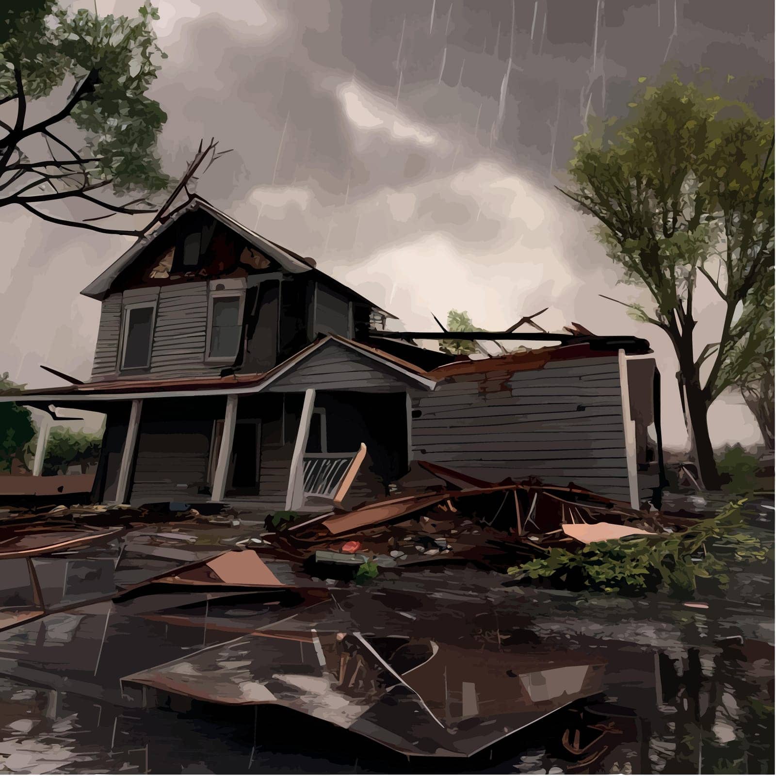 Tornado disaster. Natural disaster with hurricane. Power twisted storm concept. Houses destruction from whirlwind. Buildings damage. Cyclone zone. Dark vector illustration landscape with broken houses
