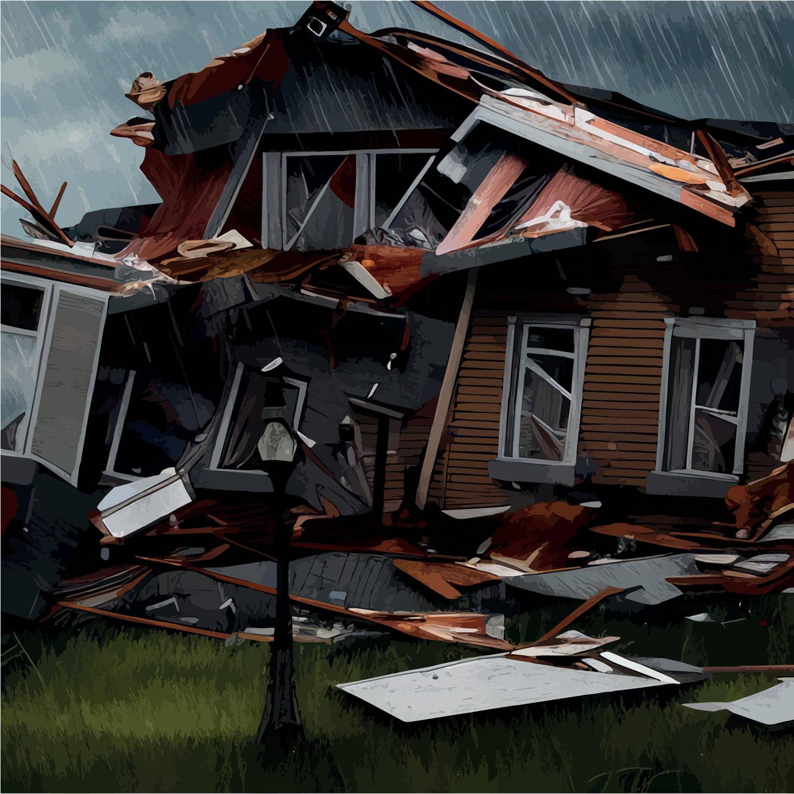 Destructive tornado destroys house, trees will break. Bad weather by EkaterinaPereslavtseva