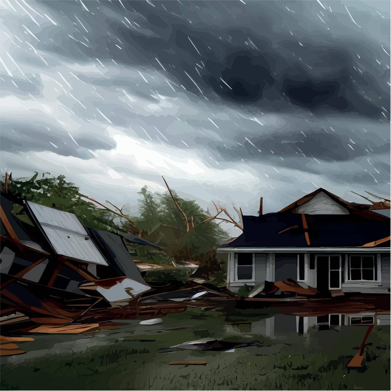 Destructive tornado destroys house, trees break. Bad weather landscape and sign of distress and warning. Storm wind and downpour with thunderstorm and dark clouds. Vector illustration