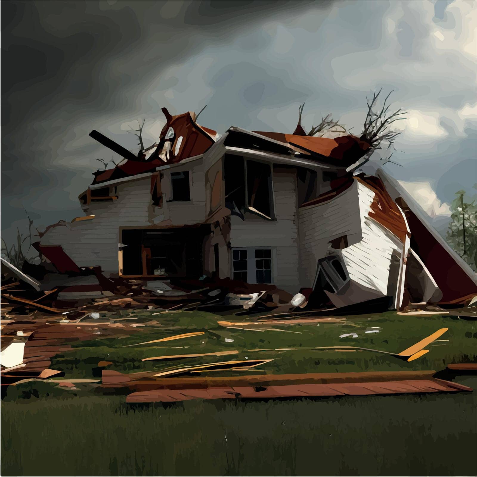 Big storm producing tornado causing destruction, destroyed houses dark sky with storm clouds and rain. Vector illustration.