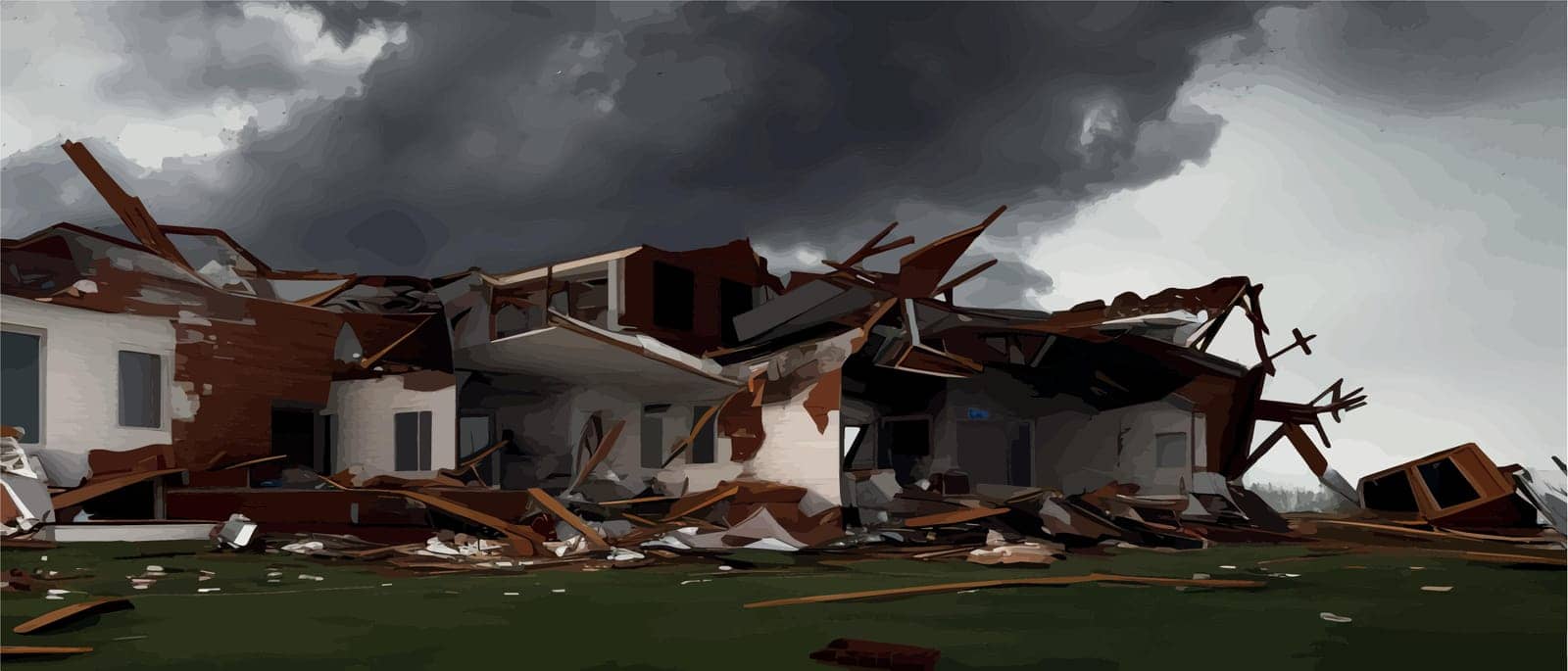 Big storm producing tornado causing destruction, destroyed houses dark sky with storm clouds and rain. Vector illustration.
