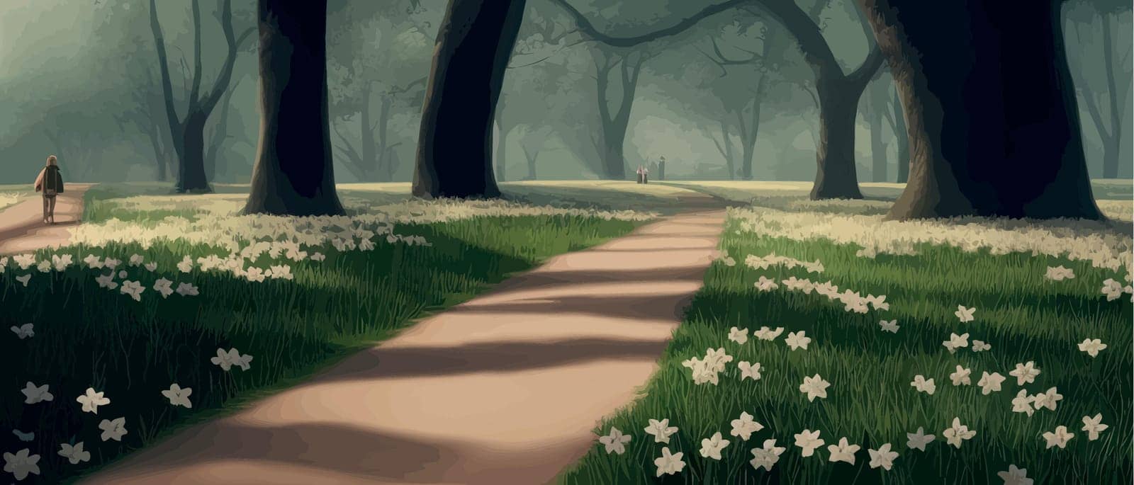 Fairy tale forest with path and flowers in clearing, spring park sun rays through the trees, atmospheric nature vector illustration