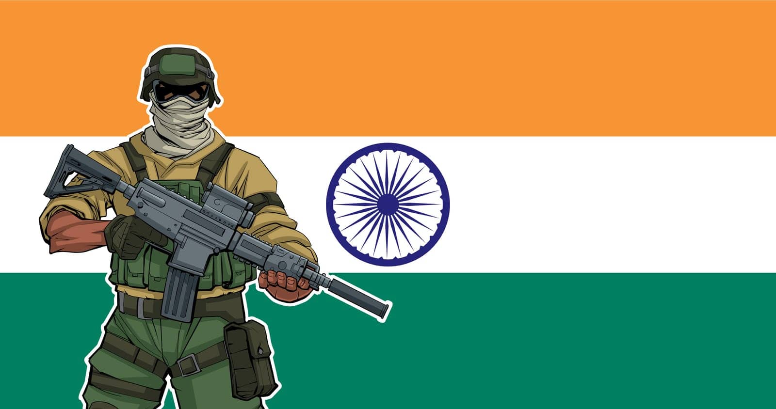 Illustration of Indian soldier with the flag of India in the background.  