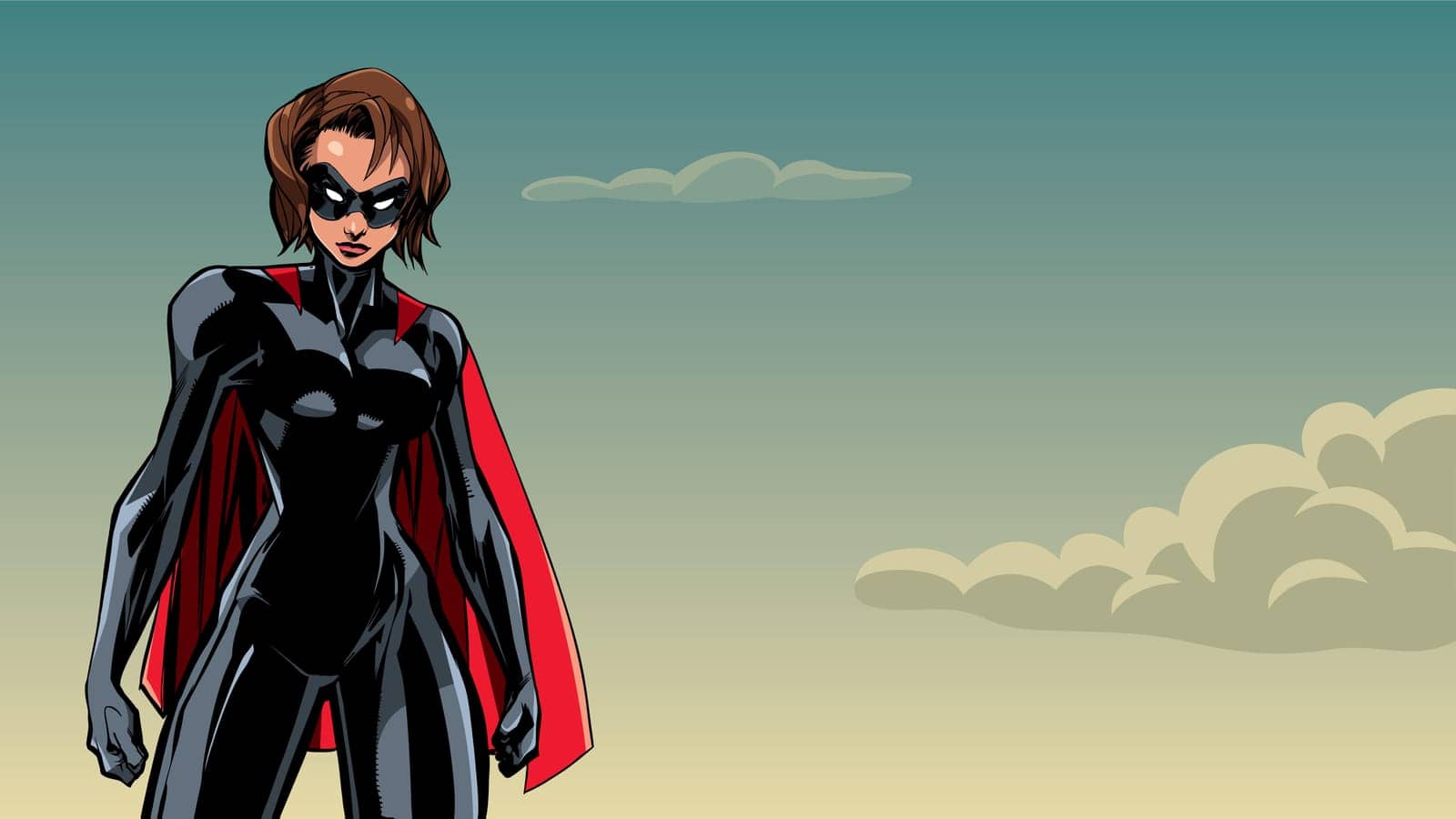 Illustration of powerful superheroine posing on sky background.
