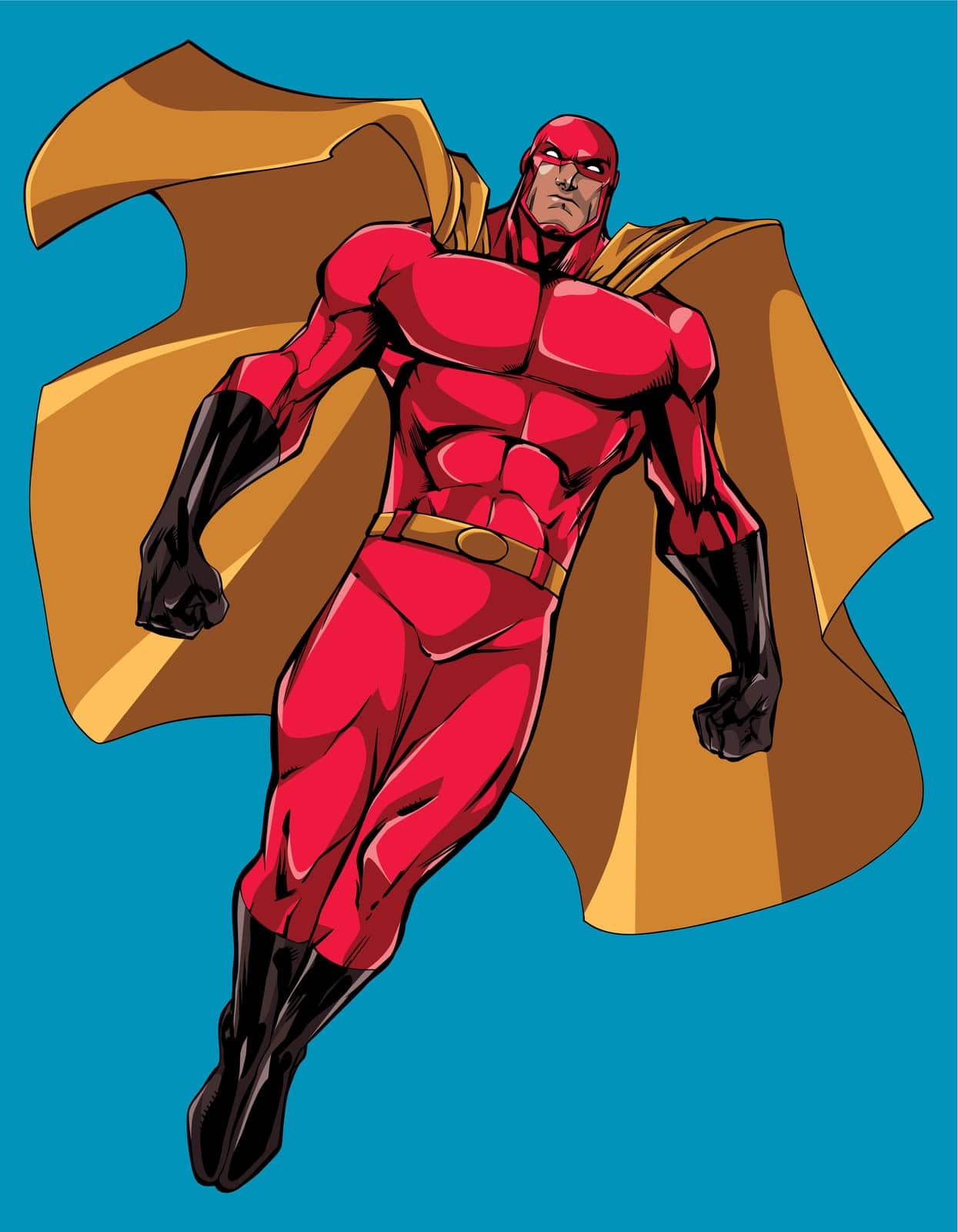Full length illustration of powerful superhero looking down while soaring in the sky.