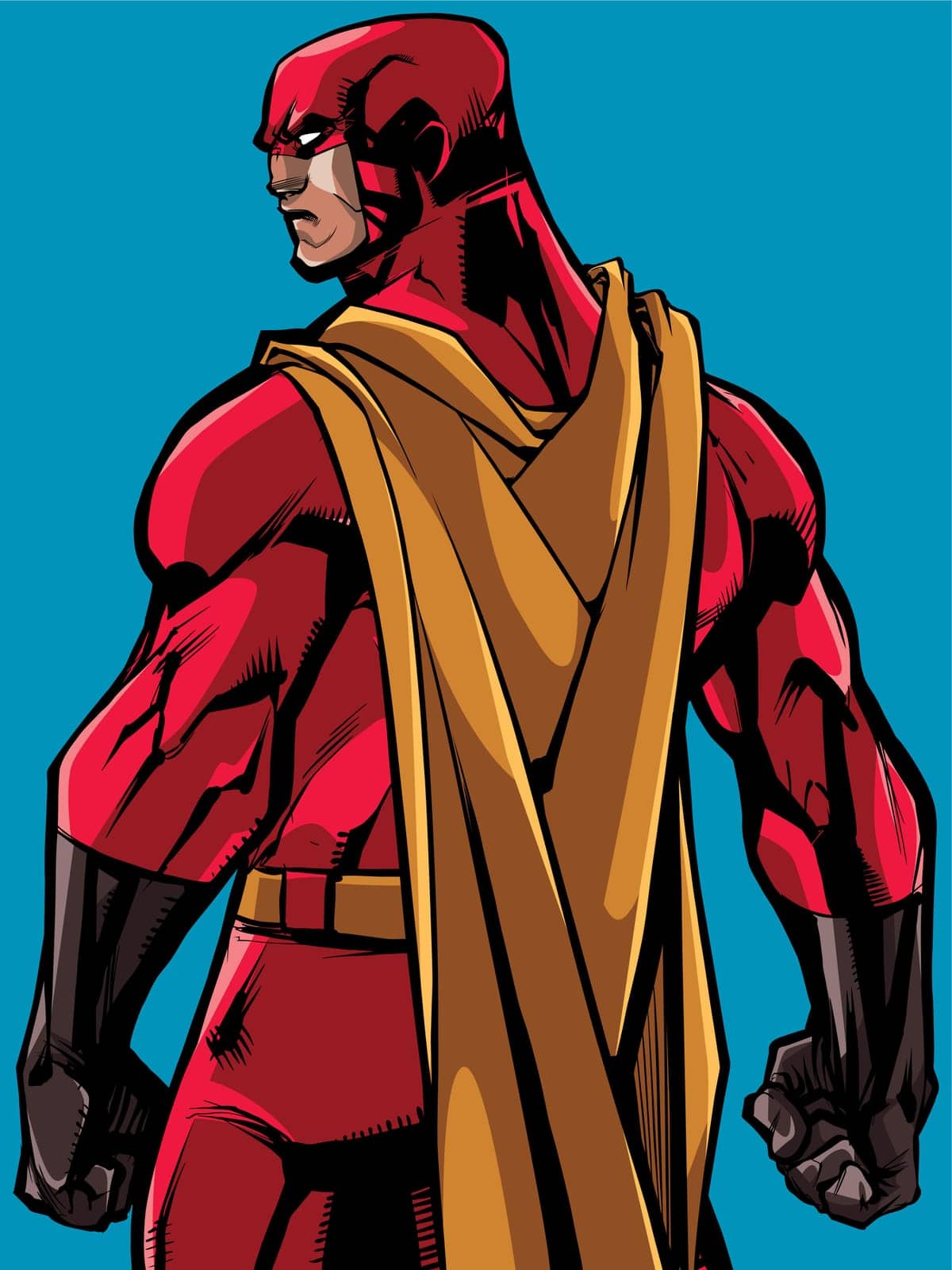 Comics style illustration of powerful superhero standing ready for battle.