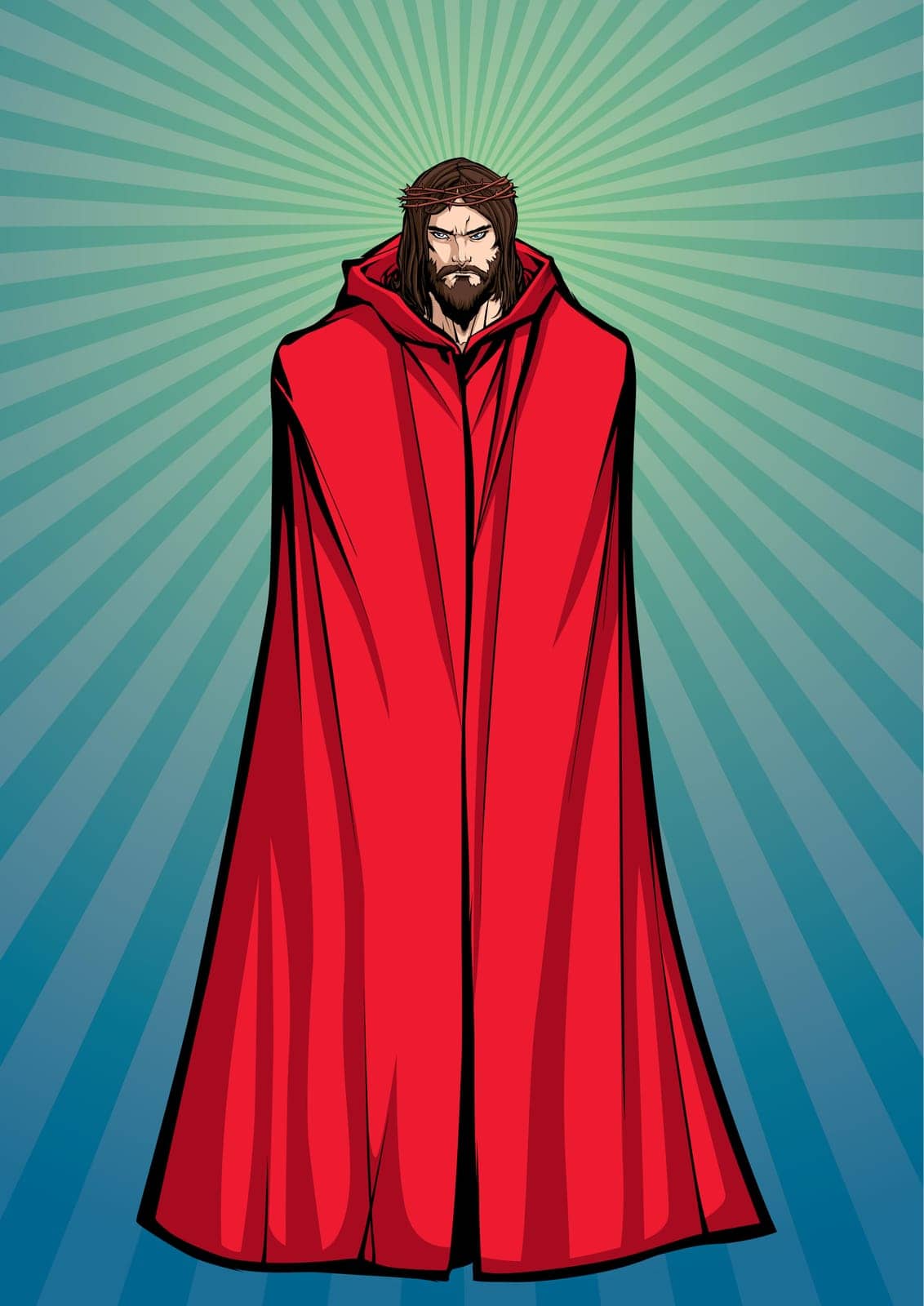 Full length illustration of Jesus Christ wearing red cloak and looking at you with serious expression.

