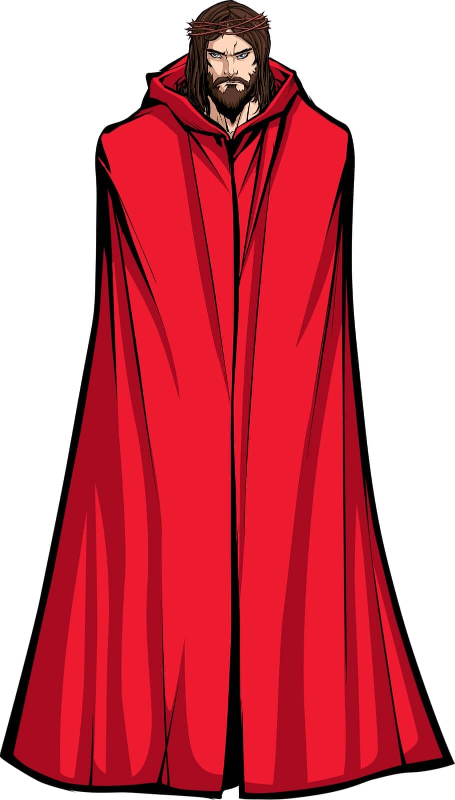 Full length illustration of Jesus Christ wearing red cloak and looking at you with serious expression.