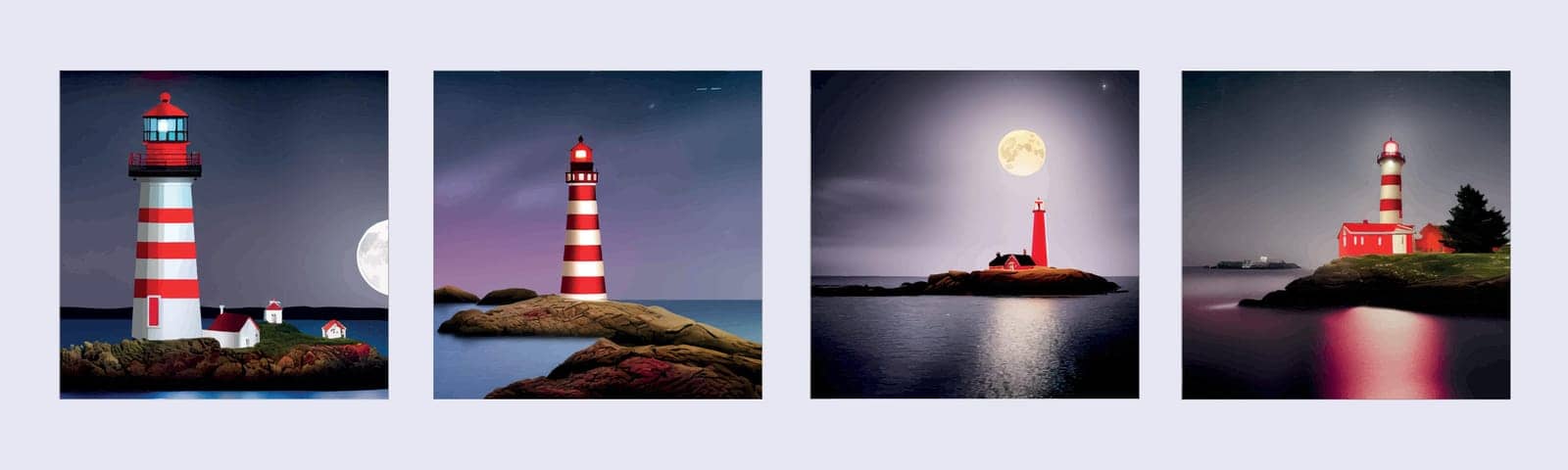 Red with white Lighthouse on sea shore at night in summer. Landscape view an ocean lighthouse on a hill with glowing light in a bay with moon and stars in the sky. Cartoon style vector illustration.