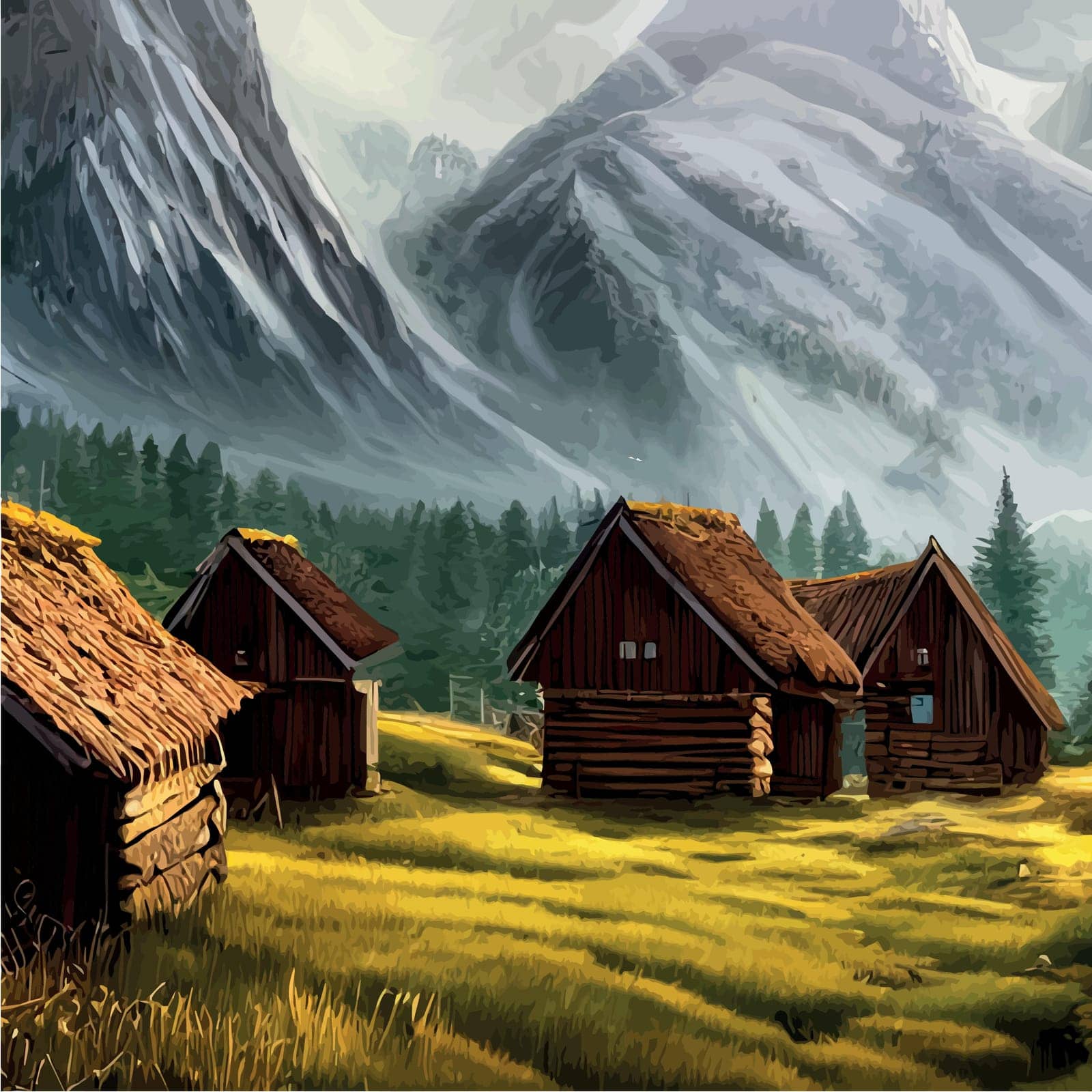 Landscape houses in nature against backdrop mountains, green meadows and trees. Vector illustrations rural architecture, huts surrounded by forests, Drawings for poster, background or cover