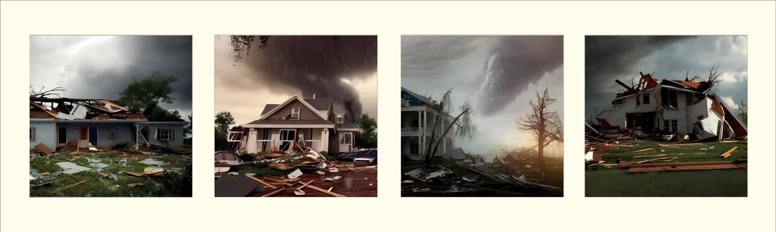 Twisting tornado, destroying civilian building. Hurricane Storm in countryside. by EkaterinaPereslavtseva
