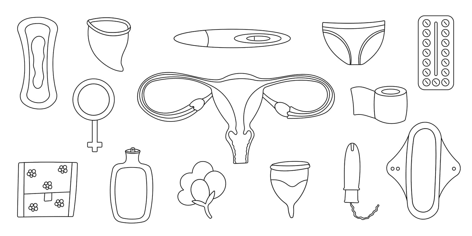 feminine hygiene intimate menstruation elements woman line doodle coloring set